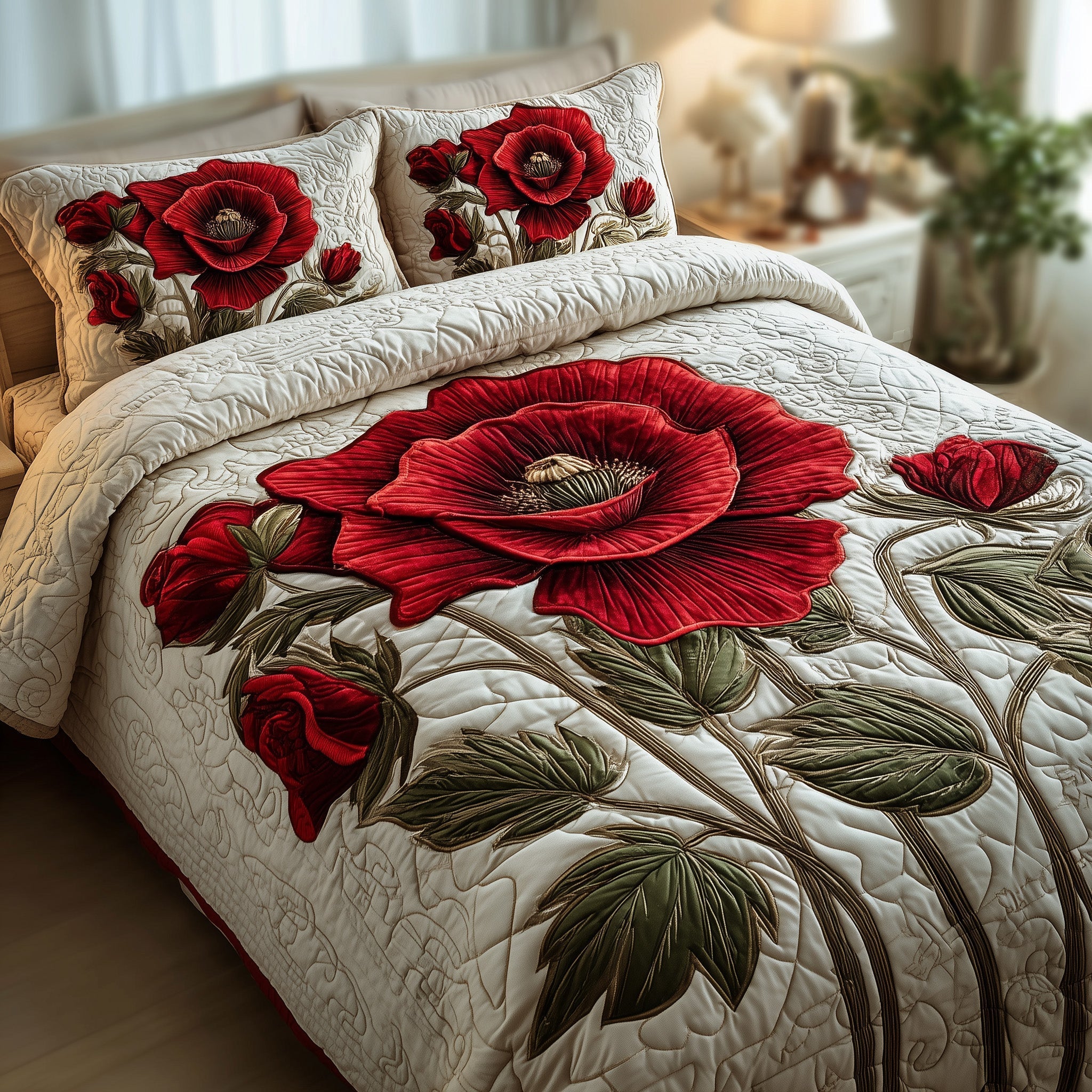 Poppies Quilted Bedding Set Holiday Decorations Gift For Floral Enthusiasts - Tradiviet