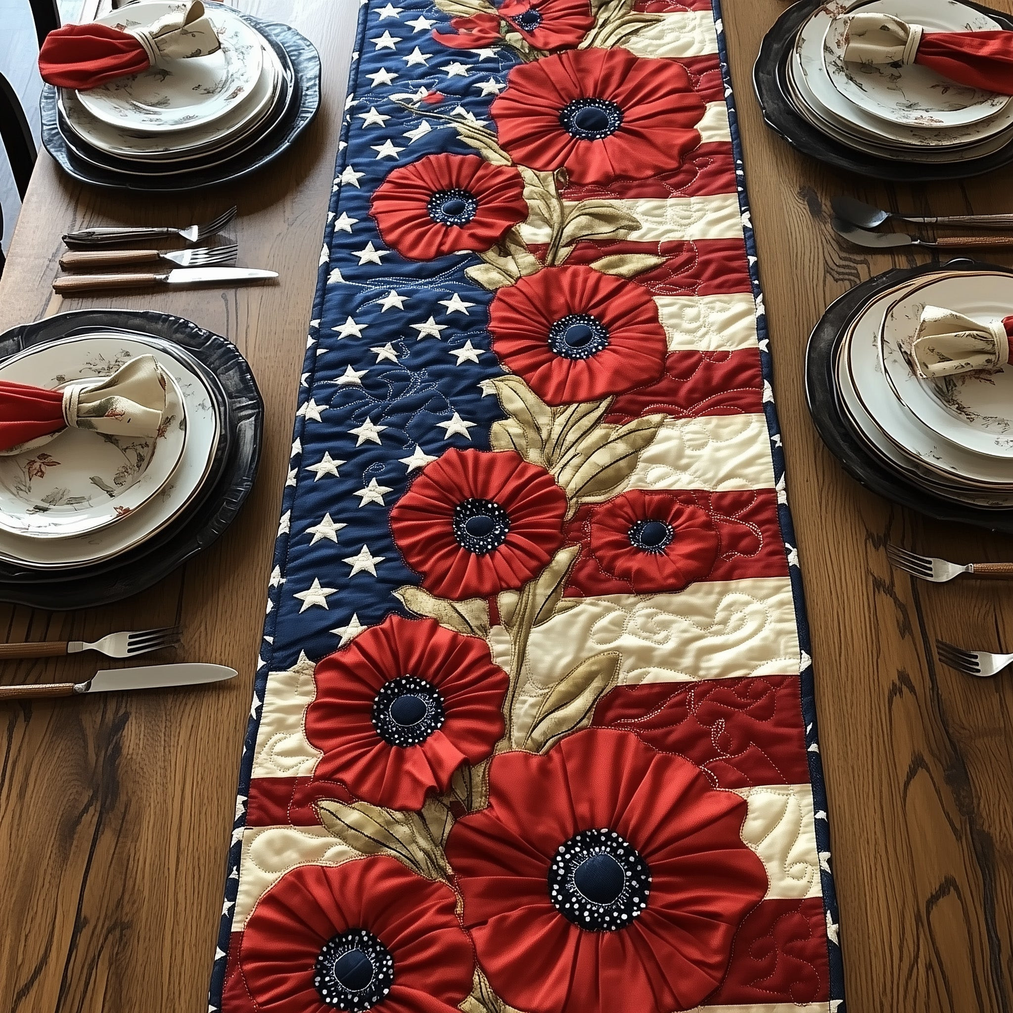 Poppies Quilted Table Runner Holiday Table Runner Best Independence Gift