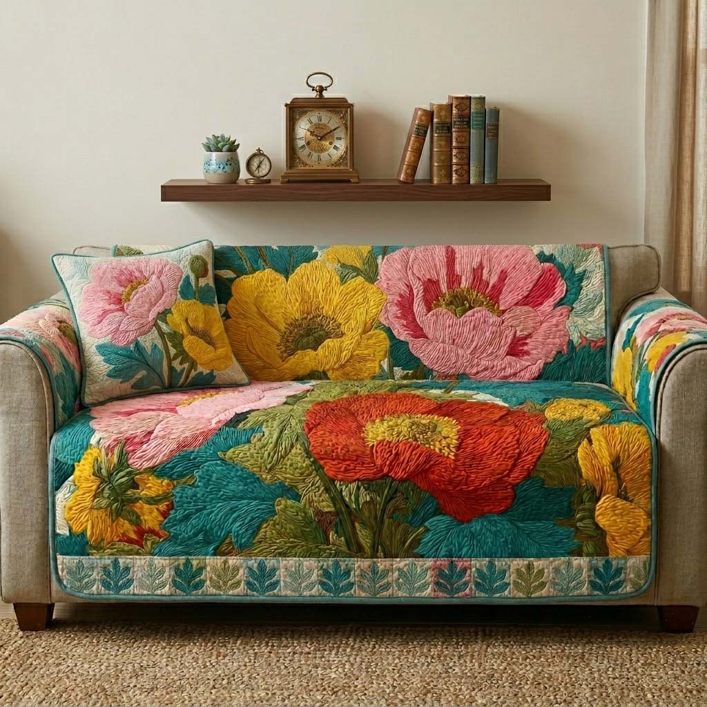 Poppy Bloom Tapestry Quilted Sofa Cover Artistic Poppy Floral Design Gift For Her