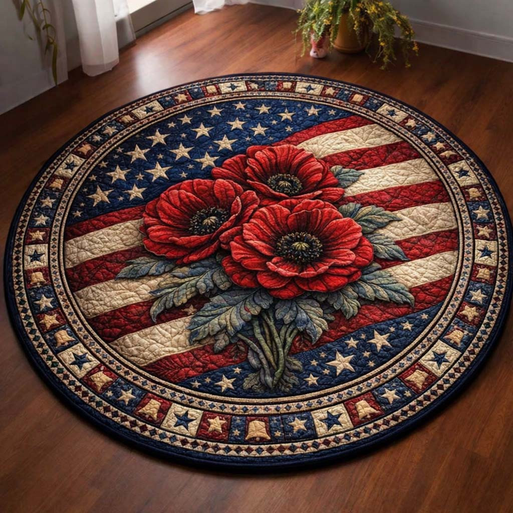 Poppy Flag Quilted Round Mat Patriotic American Flag Flower Carpet Independence Day Rug - Tradiviet