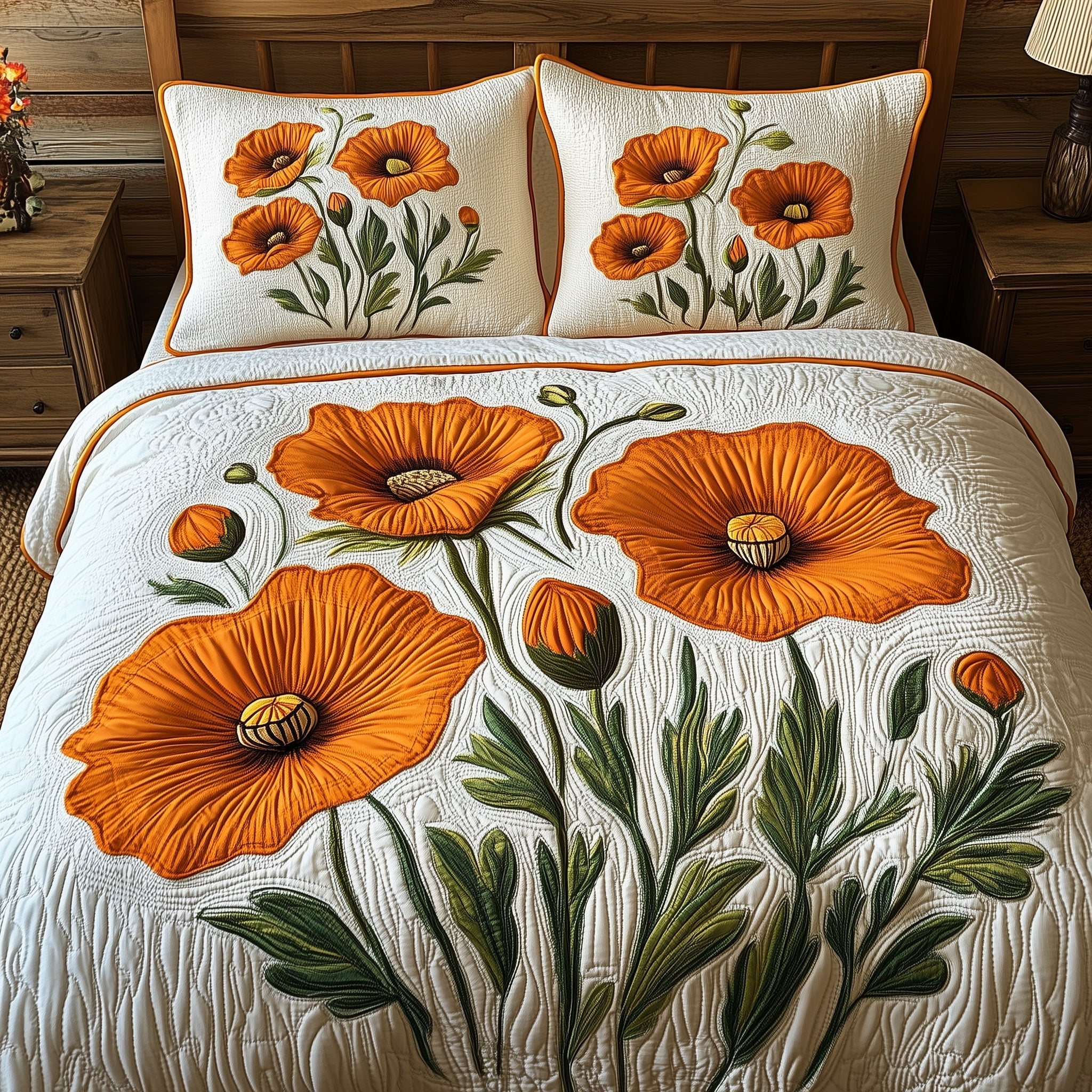 Poppy Flowers US Flag Quilted Bedding Set Orange Poppy Quilt Set Gift For Sweet Daughter - Tradiviet