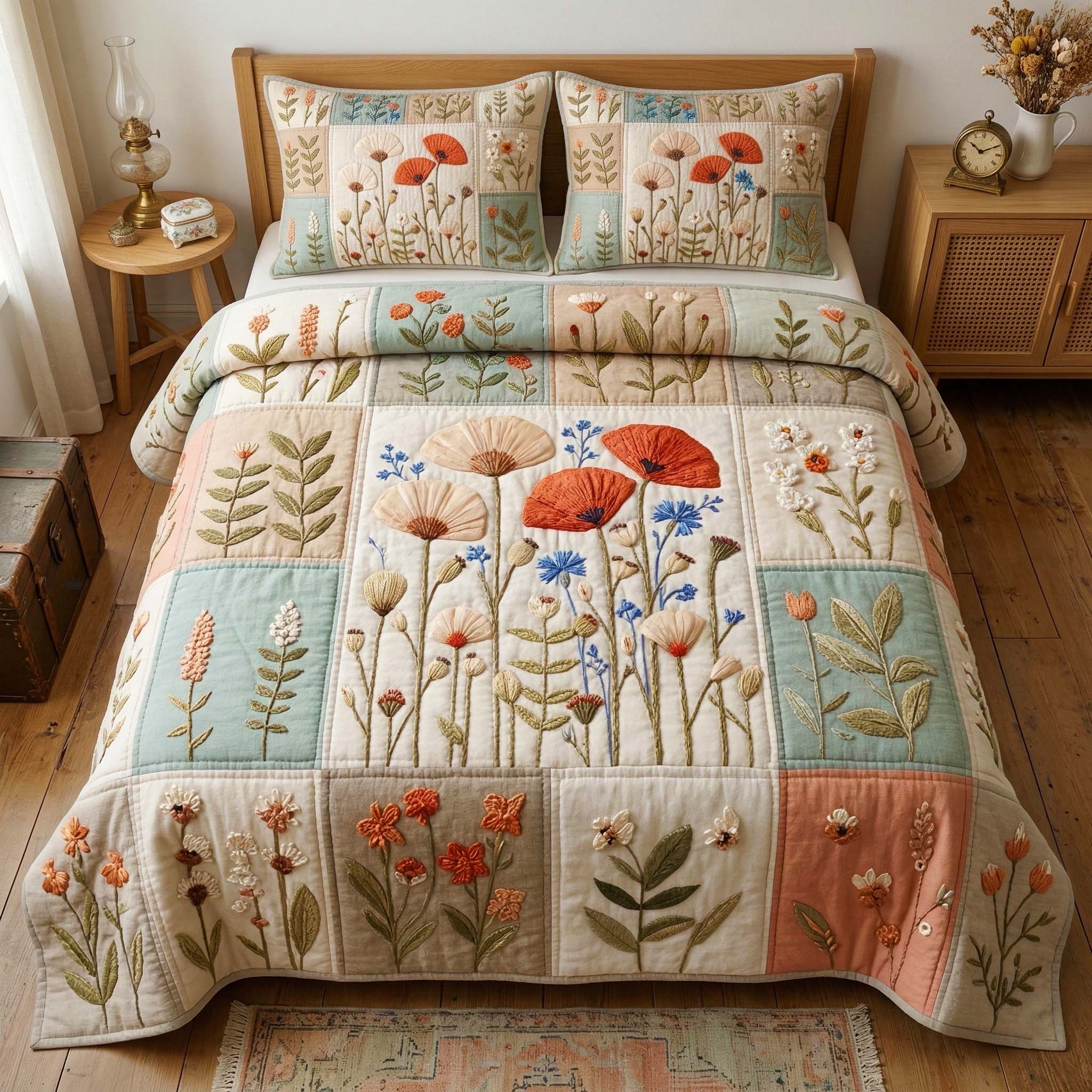 Poppy Meadow Quilted Bedding Set Holiday House Decorations Presents For Sister - Tradiviet