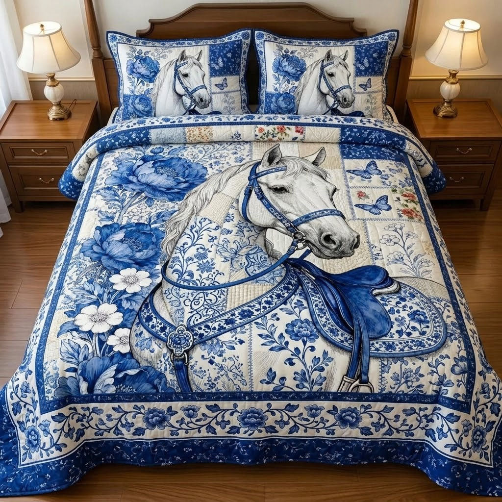 Porcelain Horse Quilted Bedding Set Bohemian Bedroom Furniture Retirement Gifts For Horse Lovers - Tradiviet