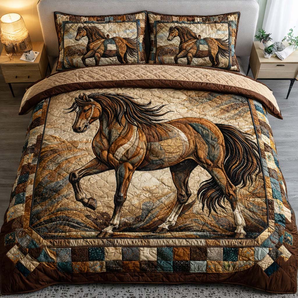 Prairie Echo Stallion Quilted Bedding Set Mens Bedroom Decor Gift For Wild Horse Lovers - Tradiviet