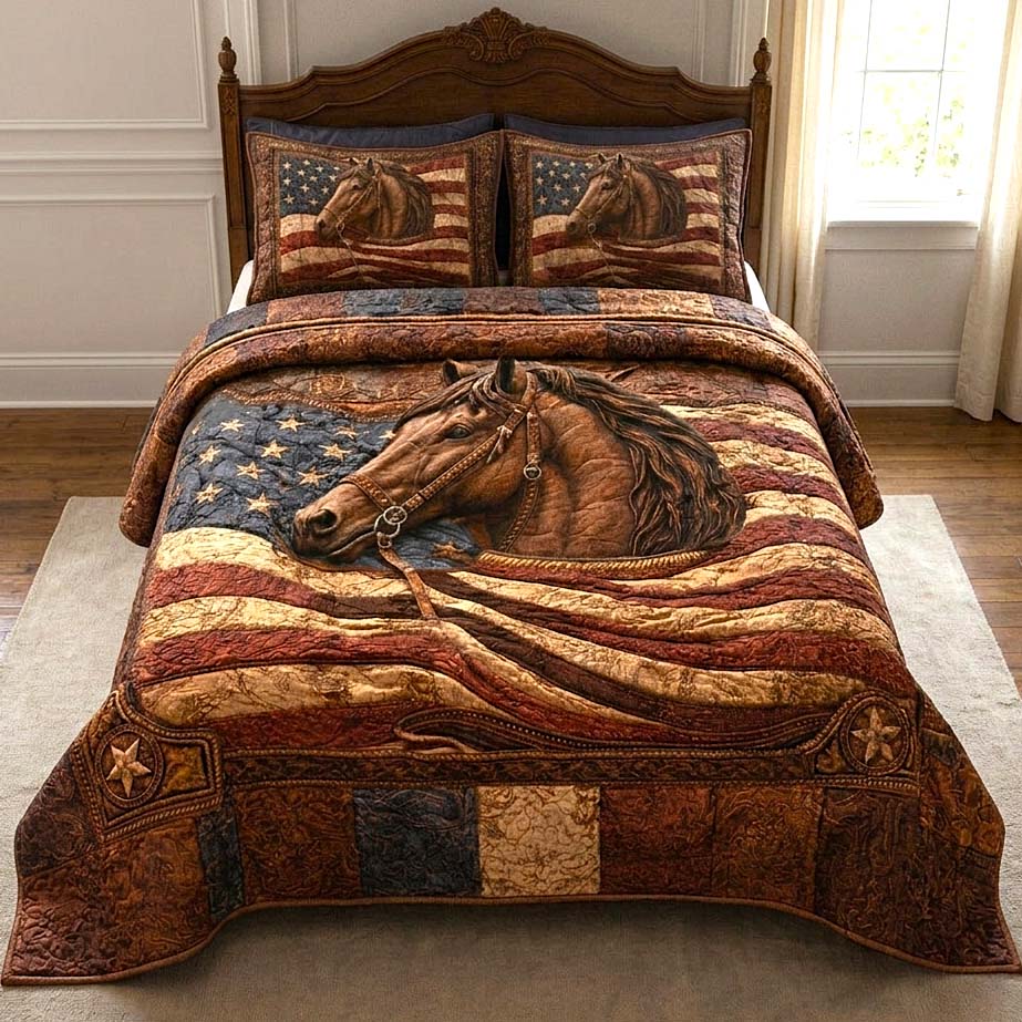 Prairie Horse Quilted Bedding Set Autumn Inspired Bedroom Gifts For Horse Enthusiasts - Tradiviet