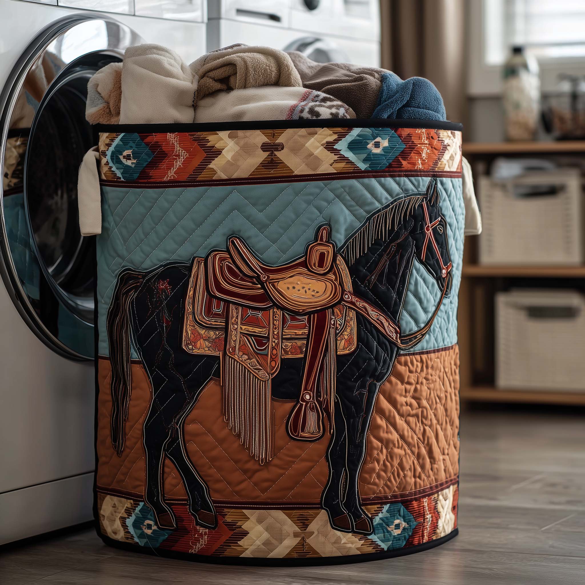 Prairie Horse Quilted Laundry Basket Holiday Room Decor Good Mothers Day Gifts - Tradiviet