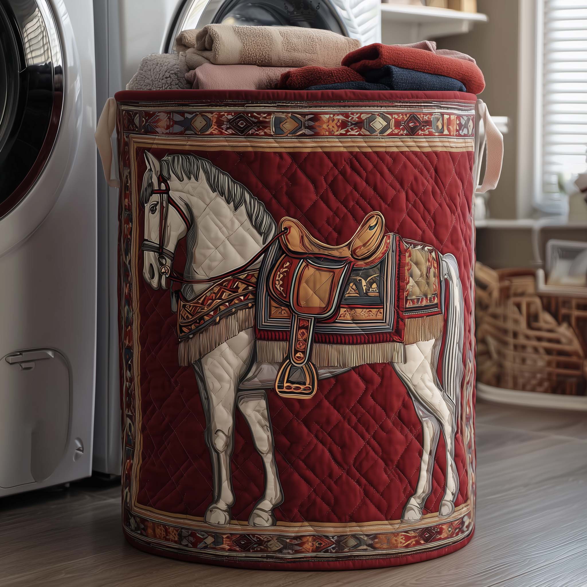 Prairie Horse Quilted Laundry Basket Washroom Decor Baskets Gift For Wife - Tradiviet