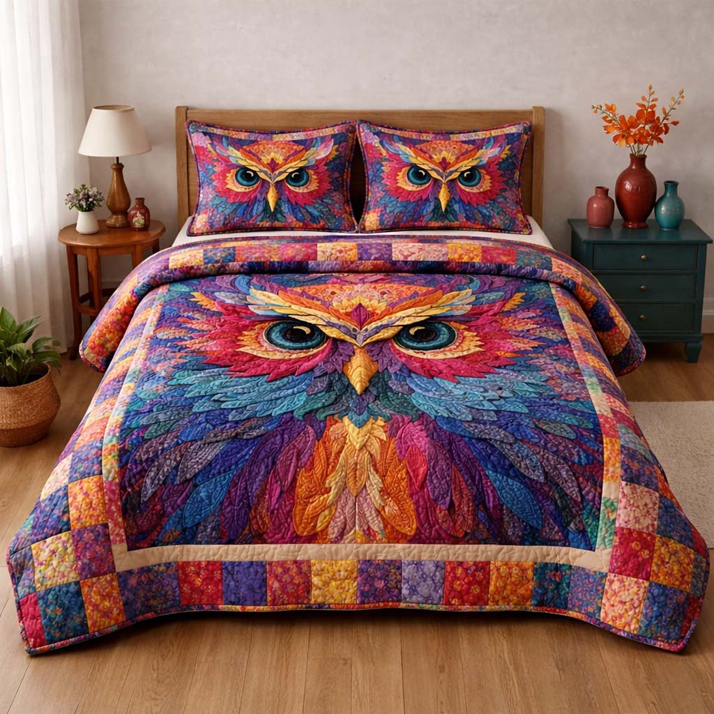 Prismatic Patchwork Owl Quilted Bedding Set Holiday Bedroom Decor Gifts For Son - Tradiviet