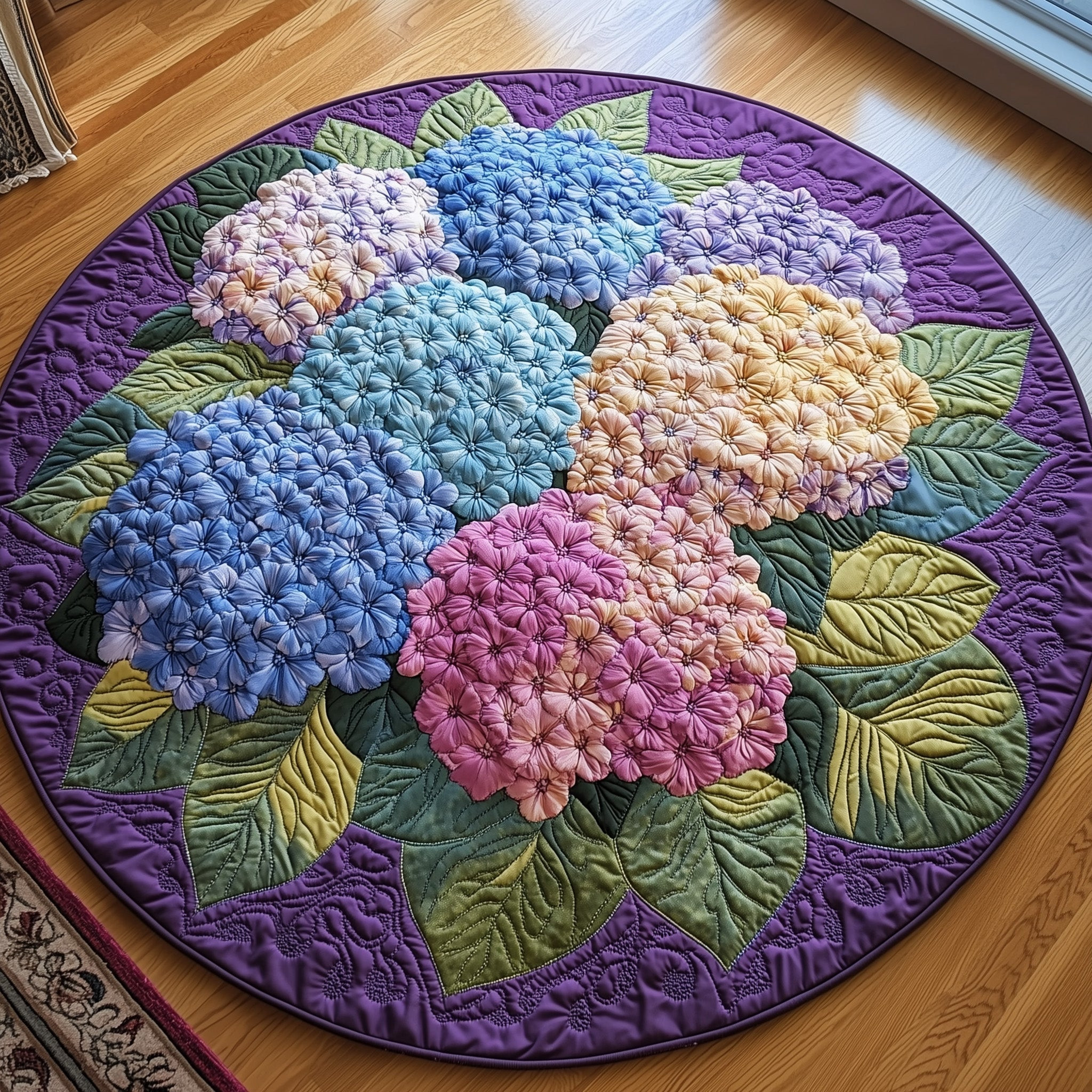 Purple Hydrangea Quilted Round Mat Garden Flower Circle Rug Gift For Her - Tradiviet