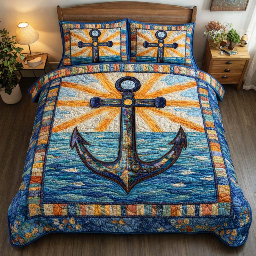 Radiant Anchor Quilted Bedding Set Holiday Home Decor Gift For Coastal Lovers - Tradiviet