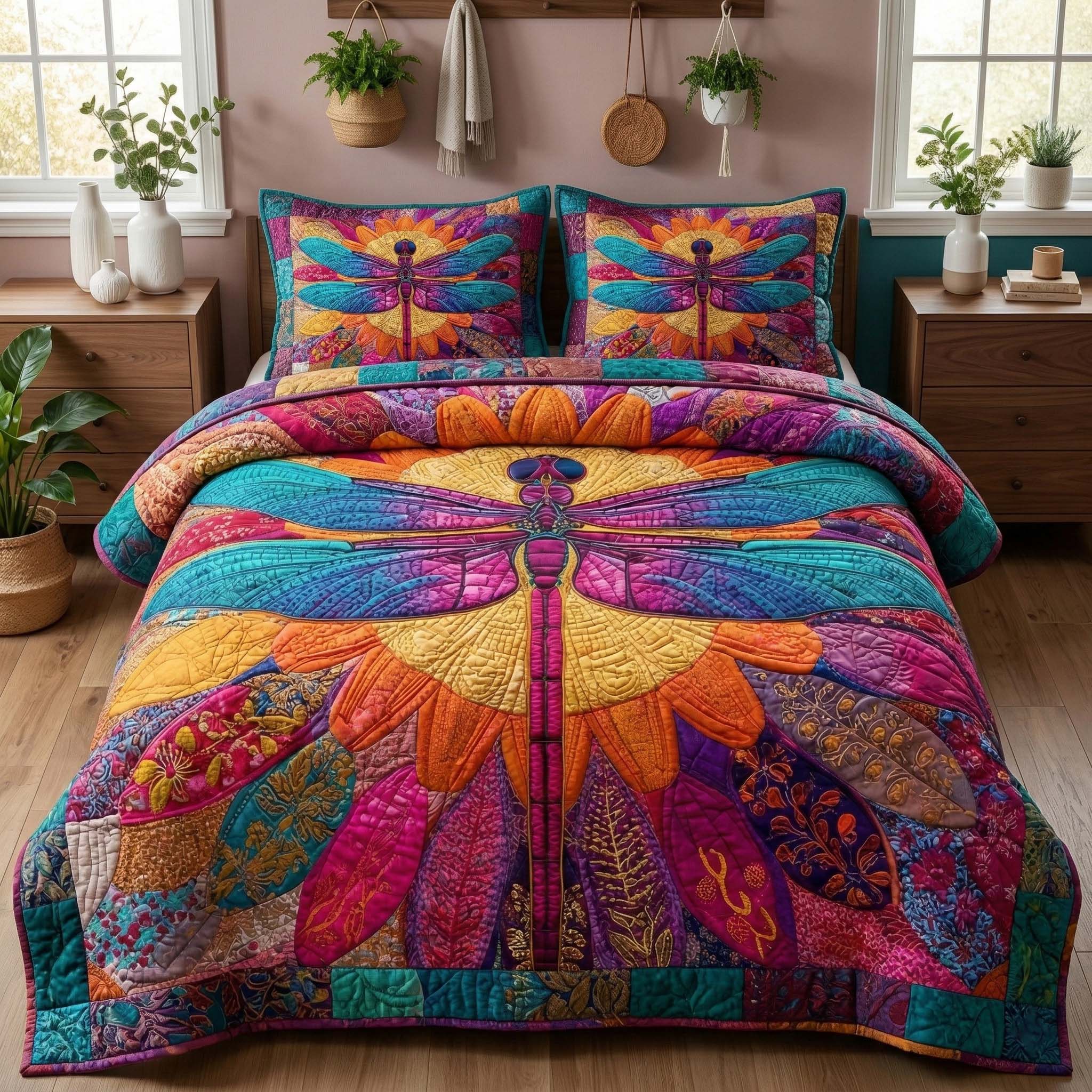 Radiant Dragonfly Quilted Bedding Set Holiday House Decorations Dragon Related Gifts - Tradiviet