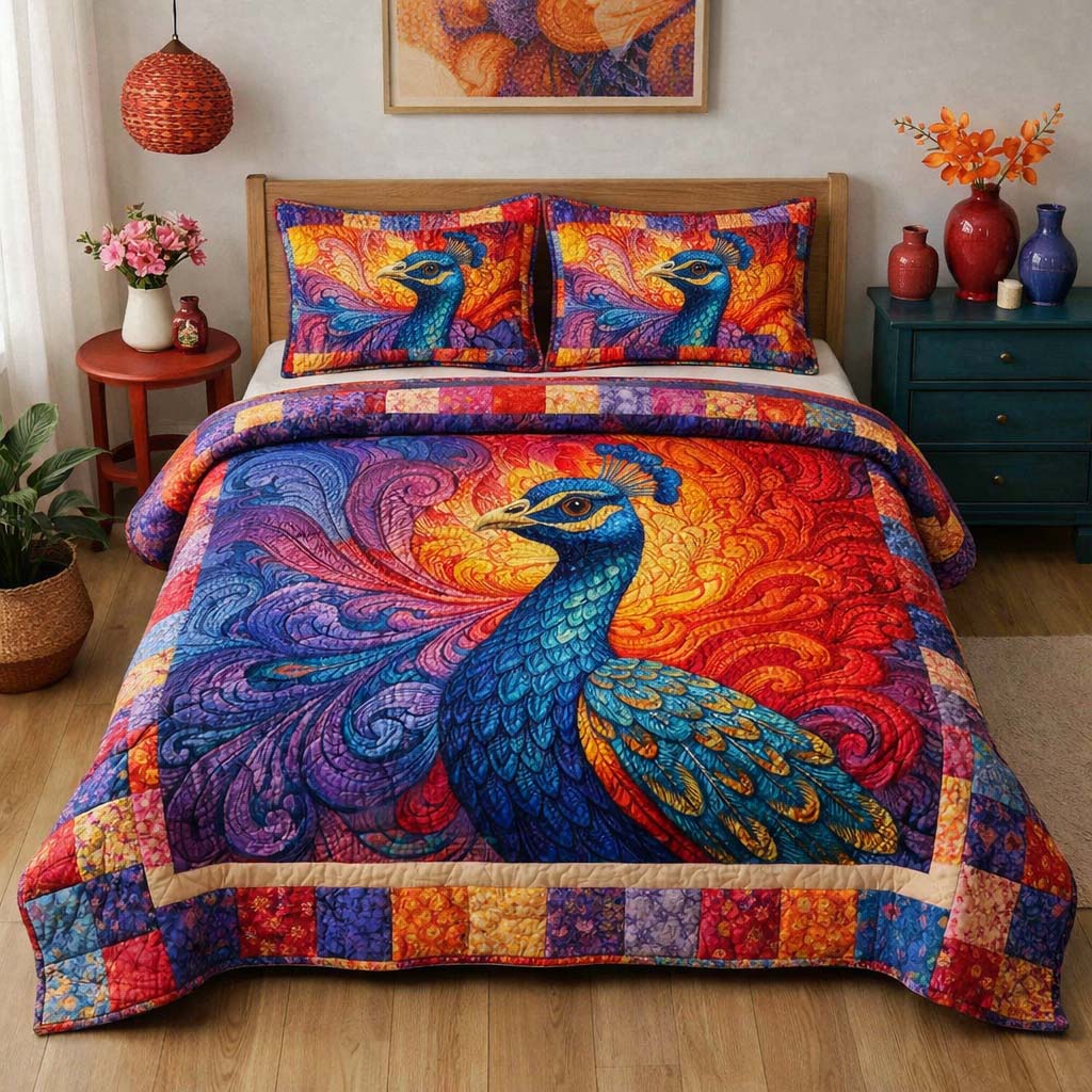 Radiant Mosaic Peacock Quilted Bedding Set Holiday Home Decor Ideas Gift For Exotic Decor Fans - Tradiviet