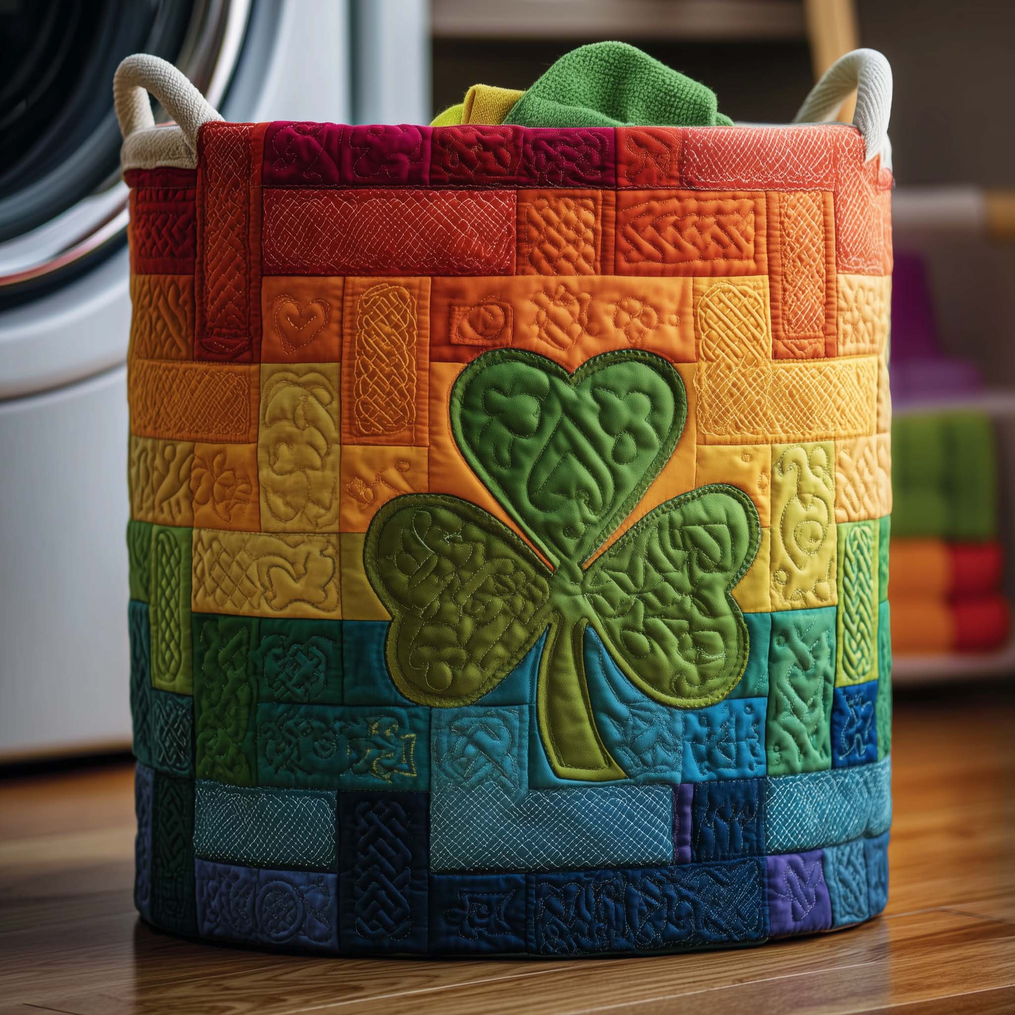 Rainbow Clover Quilted Laundry Basket Washroom Decor Basket Good Mothers Day Gifts - Tradiviet