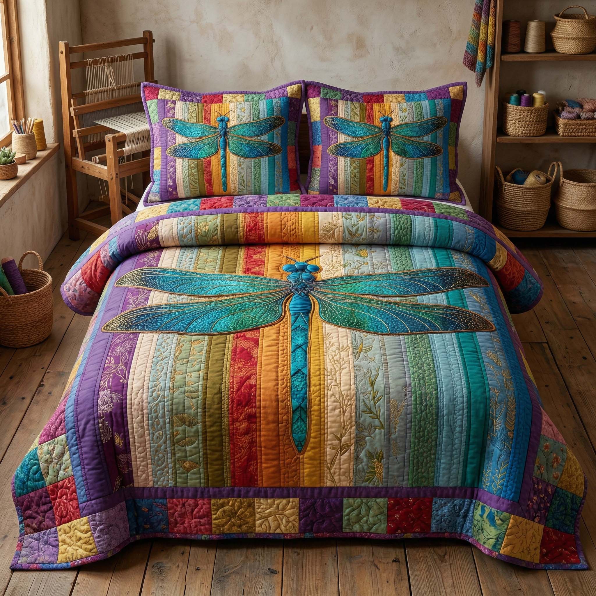 Rainbow Dragonfly Quilted Bedding Set Holiday Home Decor Dragon Themed Gifts For Adults - Tradiviet