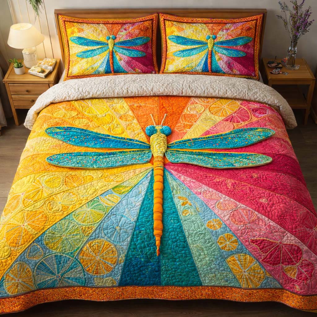 Rainbow Dragonfly Quilted Bedding Set Holiday House Decorations Items Stuff For DragonLovers - Tradiviet