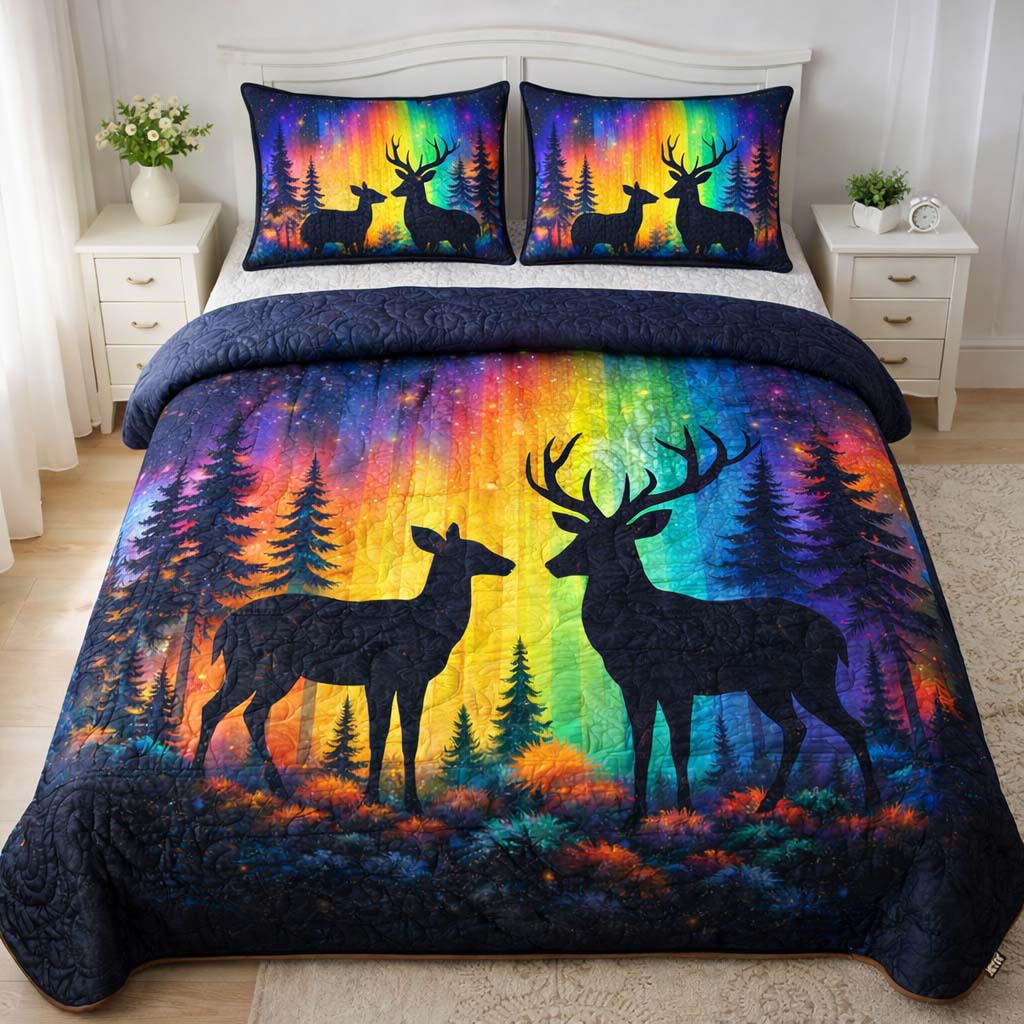 Rainbow Forest Deer Quilted Bedding Set Bedroom Decorations Birthday Gifts For Deer Hunters - Tradiviet