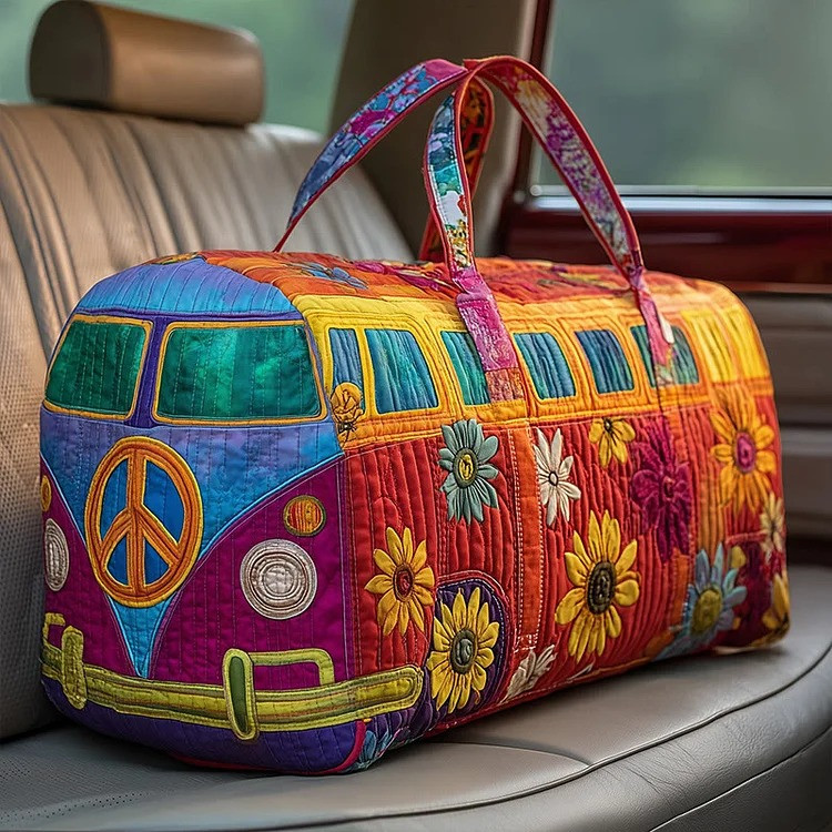 Rainbow Hippie Van Quilted Duffle Bag Retro Floral Peace Bus Bag Gift For Women - Tradiviet