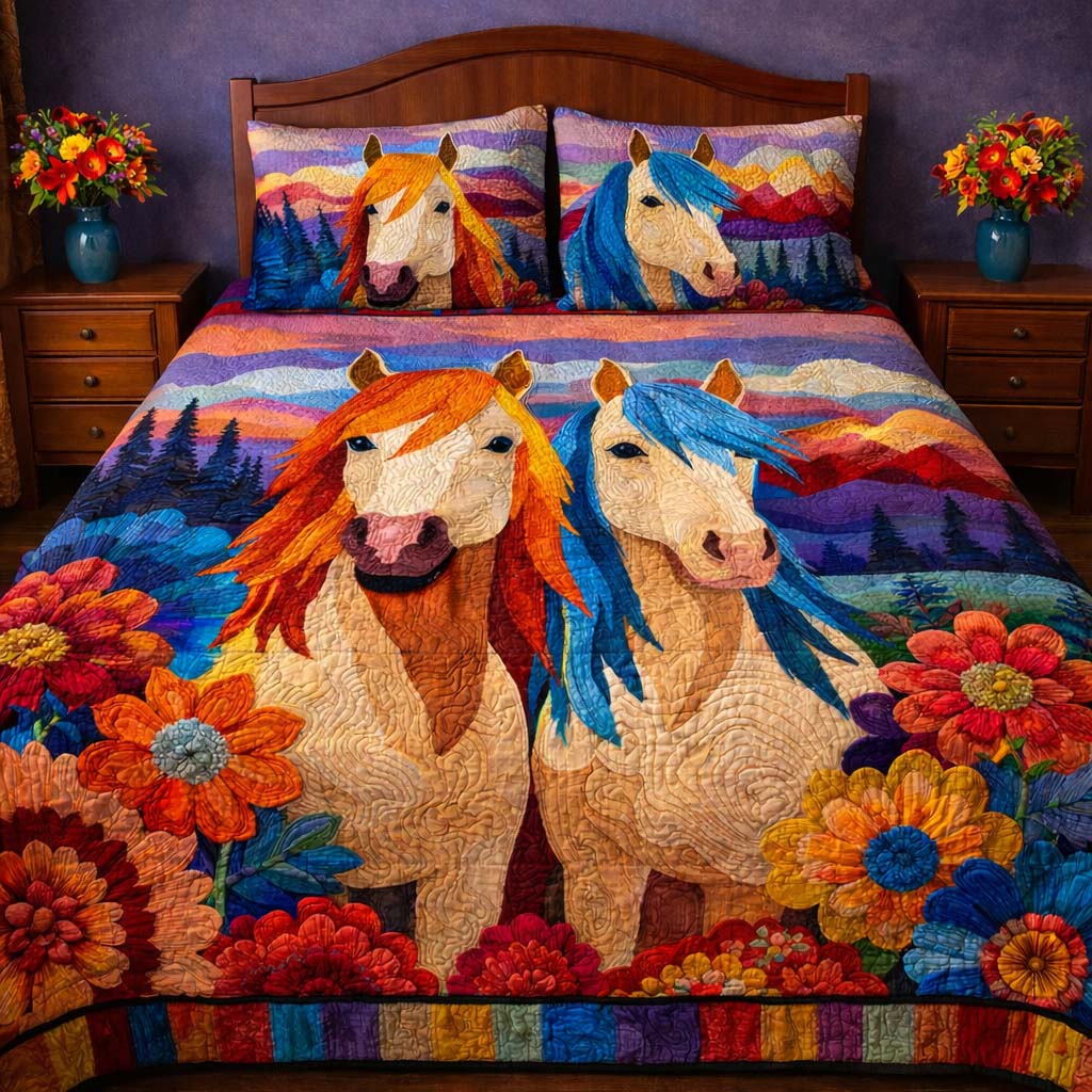 Rainbow Meadow Horses Quilted Bedding Set Holiday Home Decor Ideas Best Gifts Horse Lovers - Tradiviet