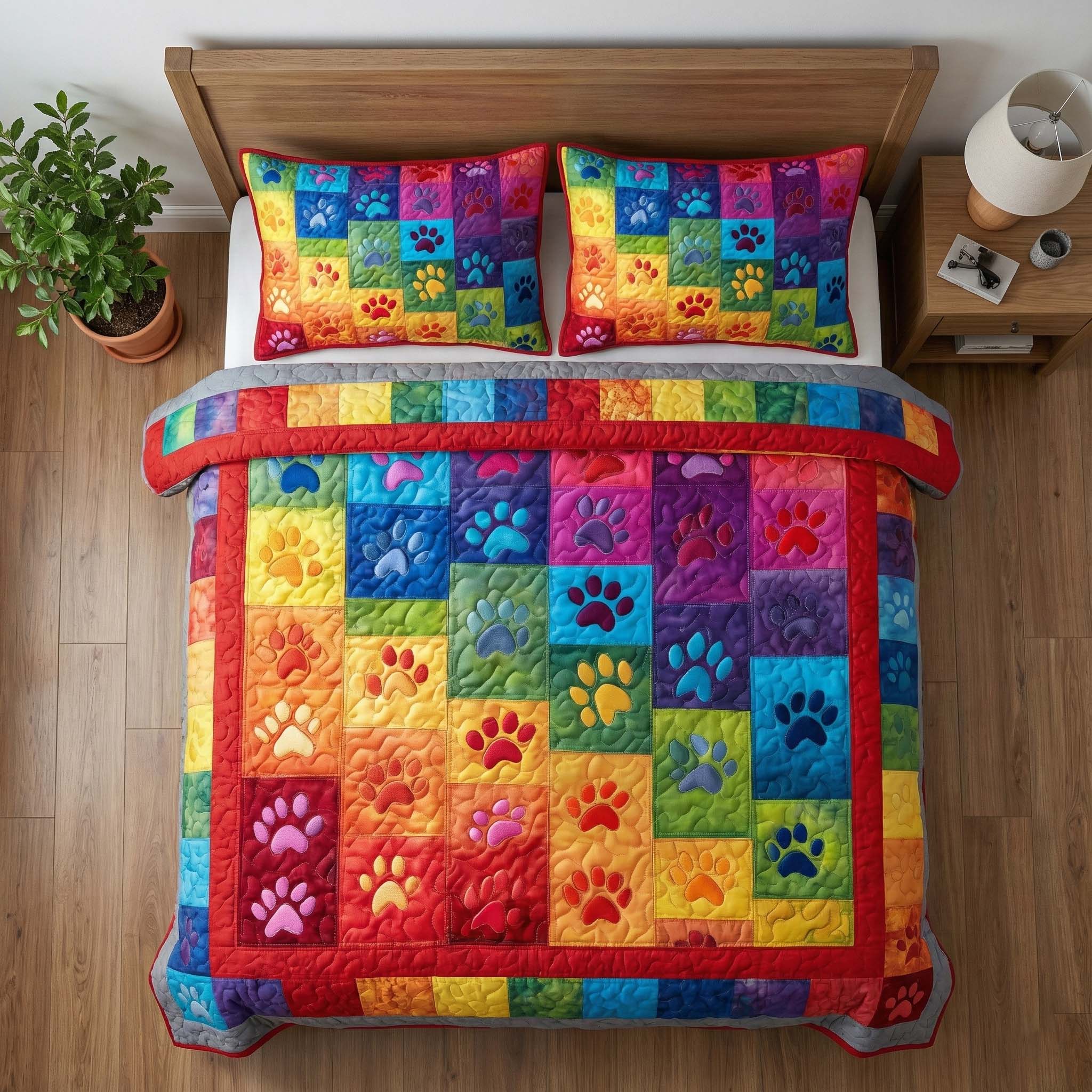 Rainbow Paws Quilted Bedding Set Cute Room Decor Unique Rainbow Gift for Friends - Tradiviet