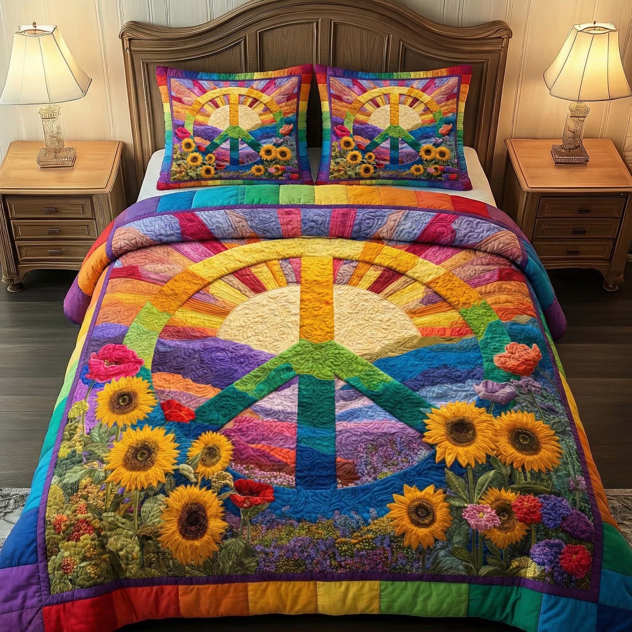 Rainbow Peace Quilted Bedding Set Cute Room Decor Gift For Rainbow Lovers - Tradiviet
