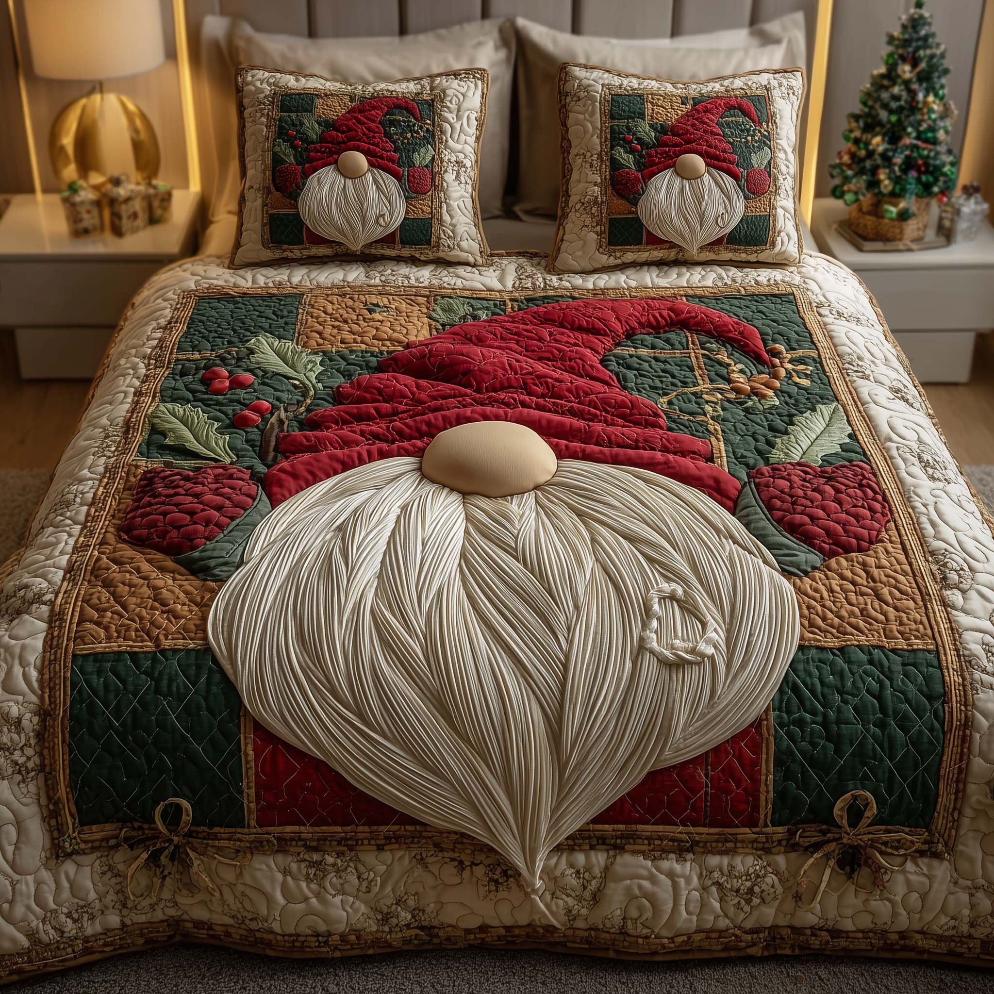 Red Hat Gnome Quilted Bedding Set Holiday Home Decor Christmas Gnome Gifts - Tradiviet