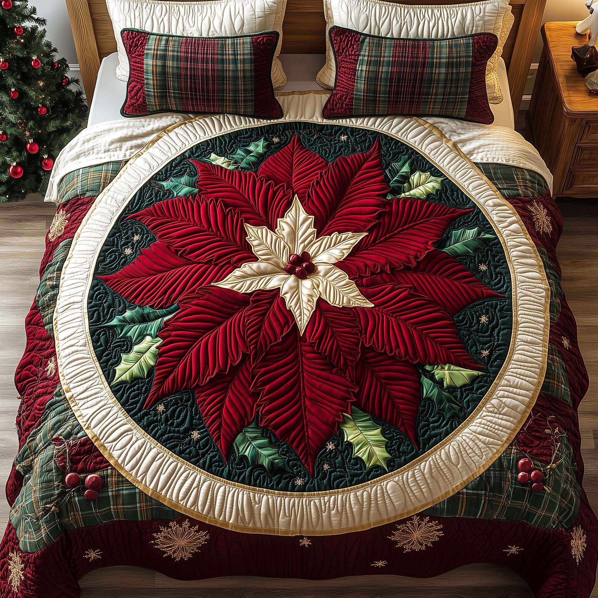 Red Poinsettia Quilted Bedding Set Holiday House Decorations Mother's Day Gifts For Wife - Tradiviet
