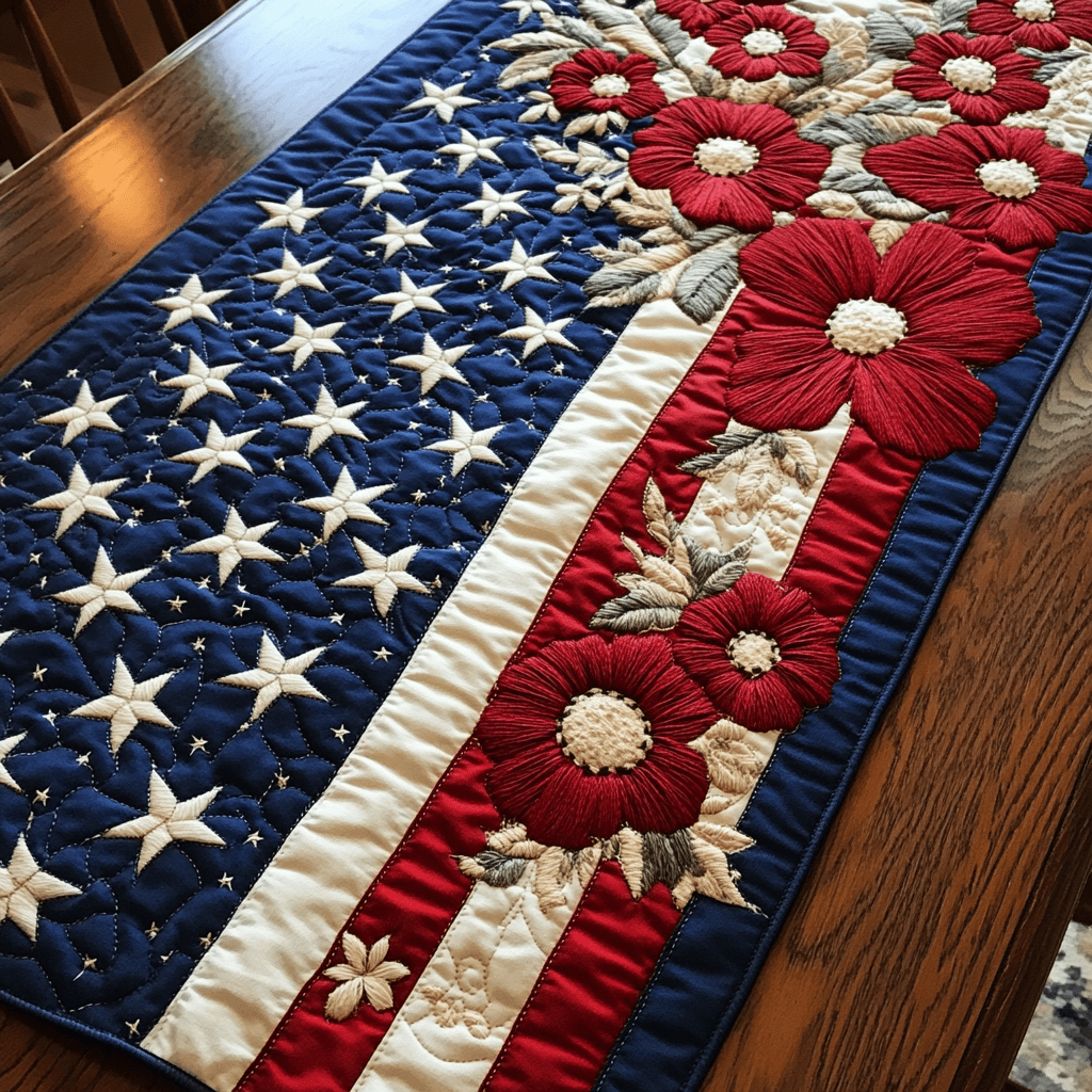 Red Poppies Quilted Table Runner  Dining Table Runner 4Th Of July Party Gifts