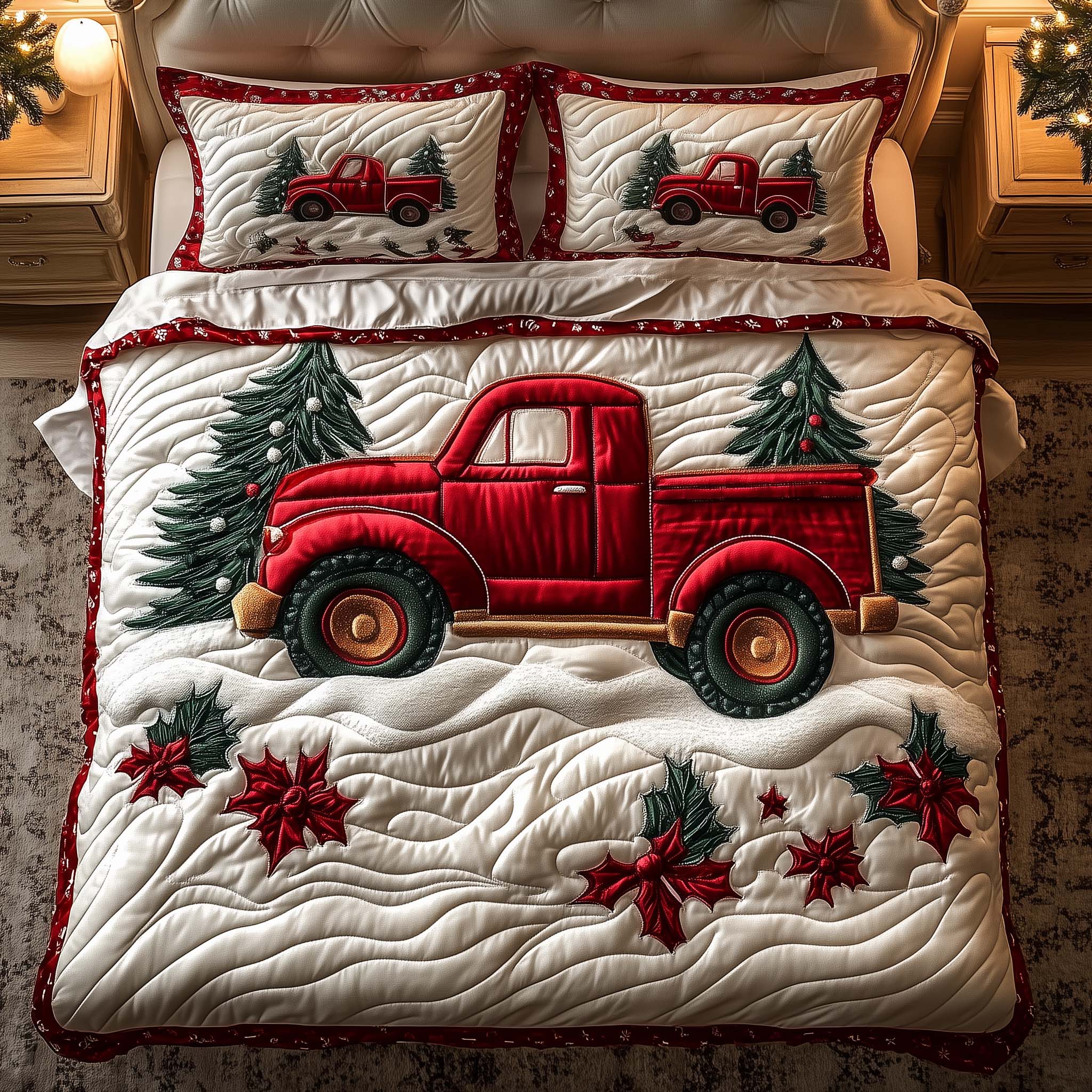 Red Truck Quilted Bedding Set Bohemian Bedroom Furniture Charming Gift For Truck Lovers - Tradiviet