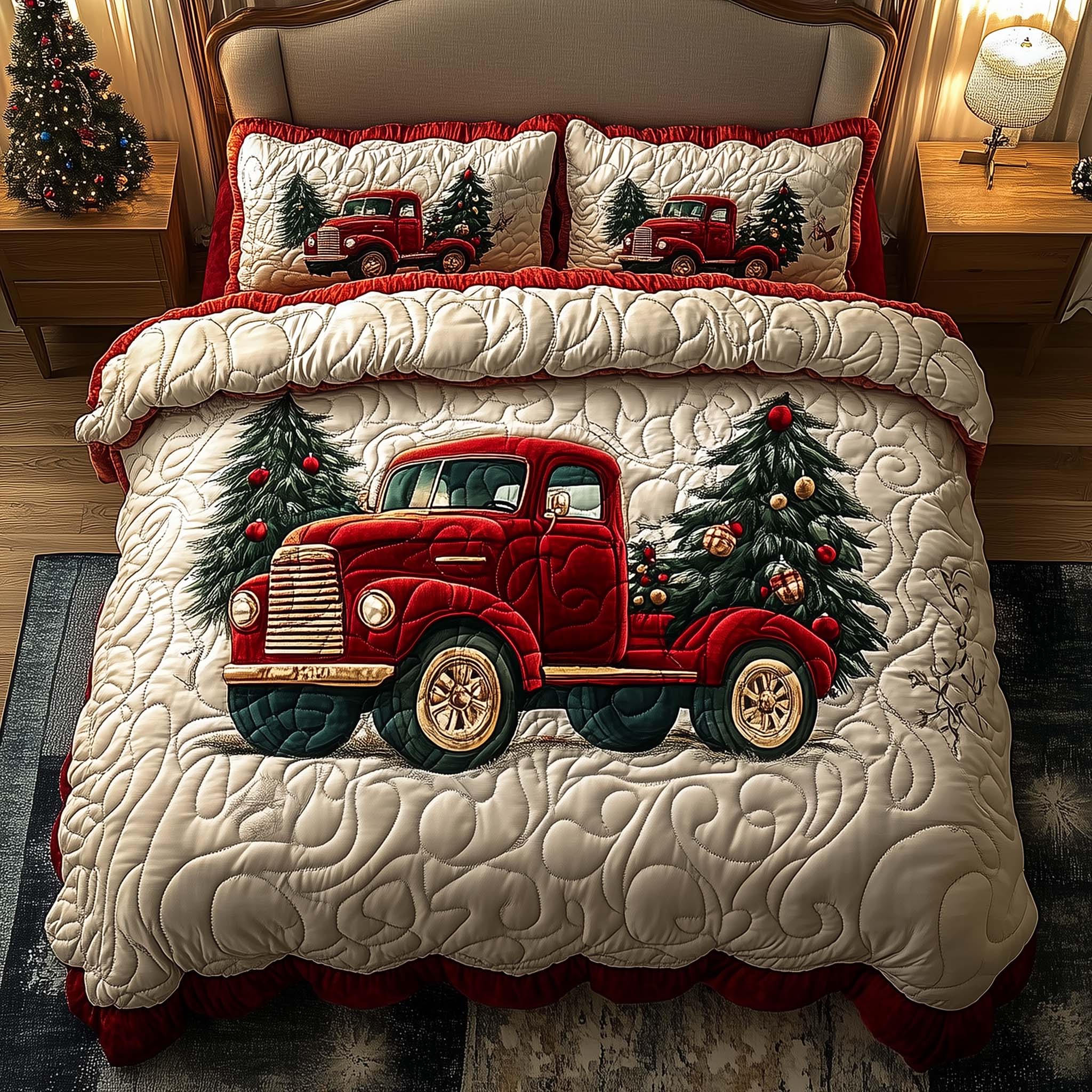 Red Truck Quilted Bedding Set Holiday House Decorations Thoughtful Gift For Truck Drivers - Tradiviet