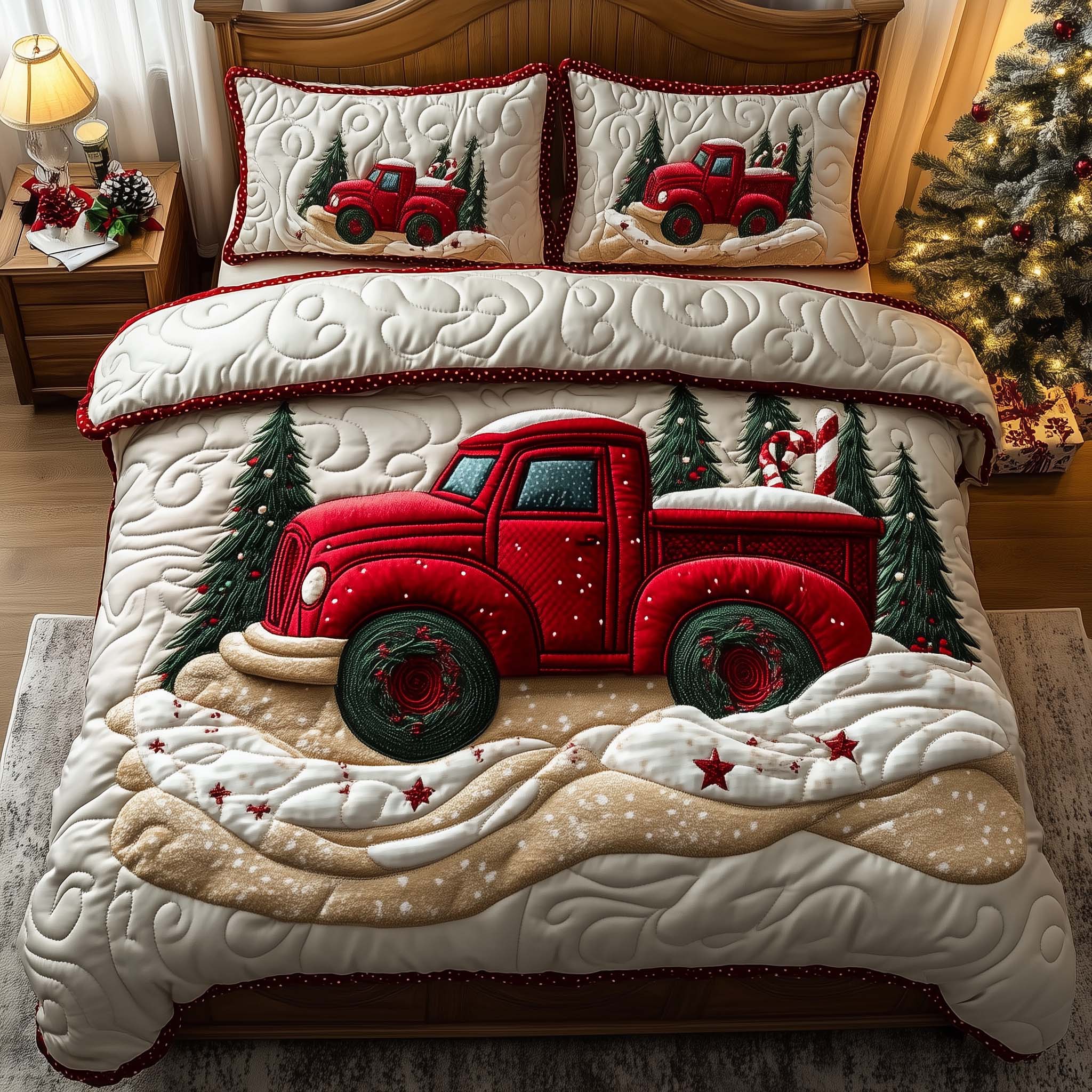 Red Truck Quilted Bedding Set Room Decoration Items Heartwarming Gift For Truck Fans - Tradiviet