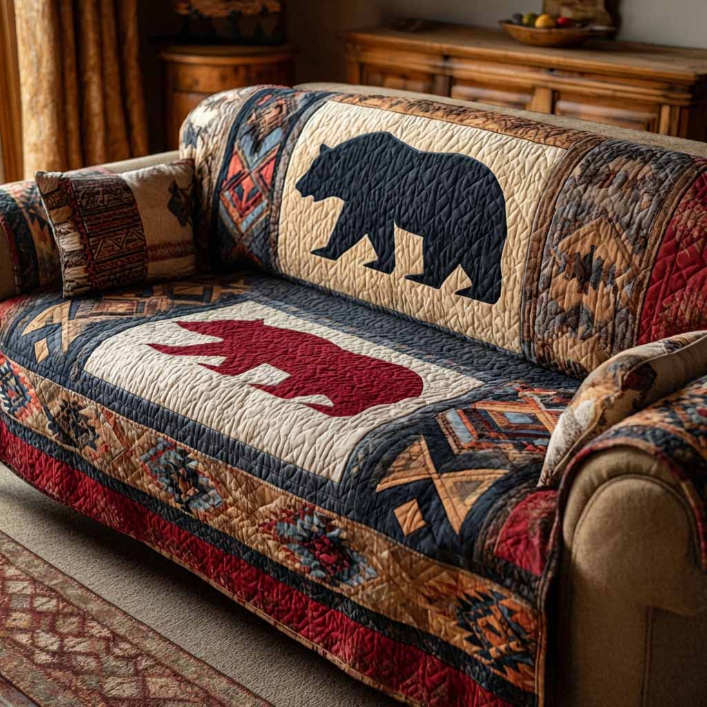 Redcliff Bear Quilted Sofa Cover Bear Canyon Wildlife Lodge Decor Gift For Nature Lovers