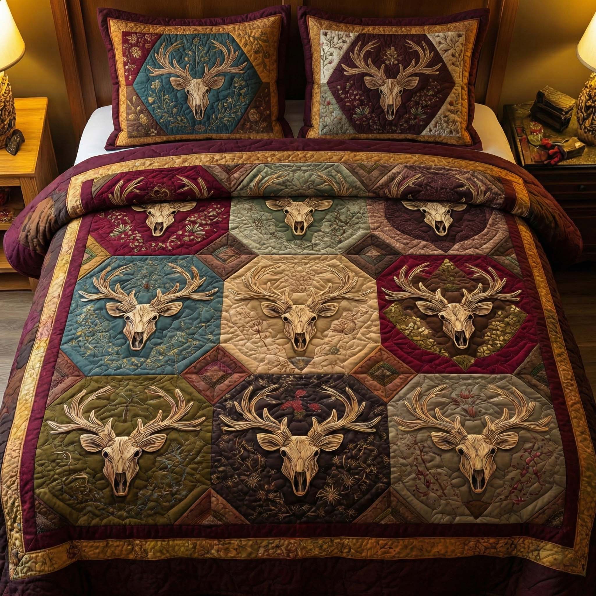 Regal Antlers Quilted Bedding Set Holiday Decorations Antlers Themed Gift For Bedroom - Tradiviet