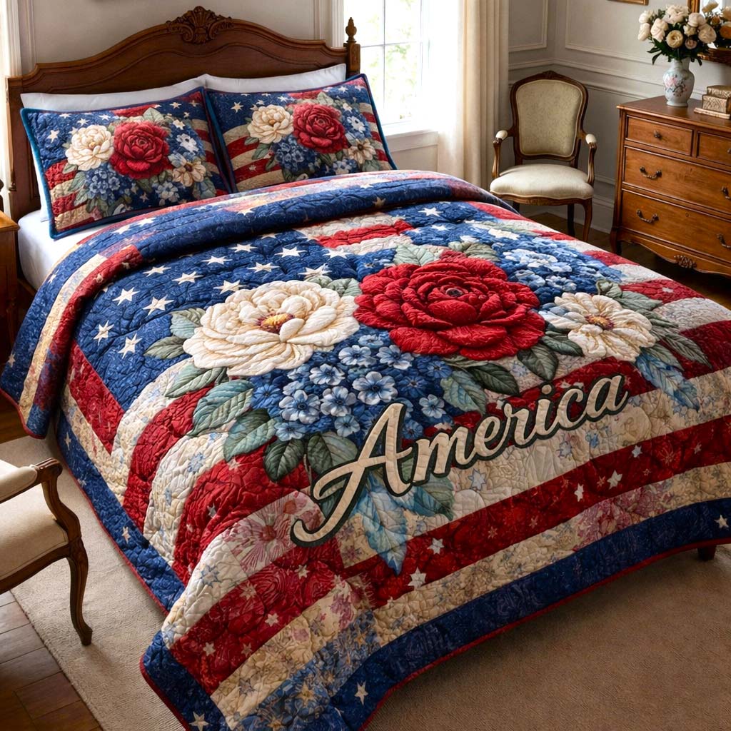 Retro America With Roses Quilted Bedding Set Aesthetic Room Decorations Gift For Patriots - Tradiviet