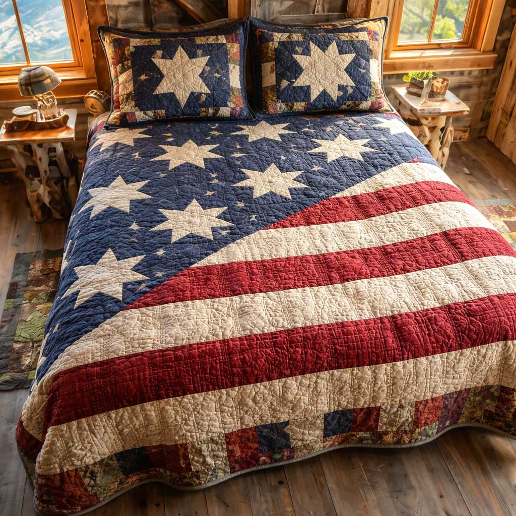 Retro American Flag Quilted Bedding Set Aesthetic Room Decorations Gift For Patriots - Tradiviet