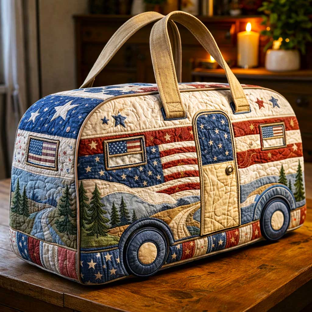 Retro Camper Quilted Duffle Bag Patriotic Floral Travel Tote Gifts Ideas - Tradiviet