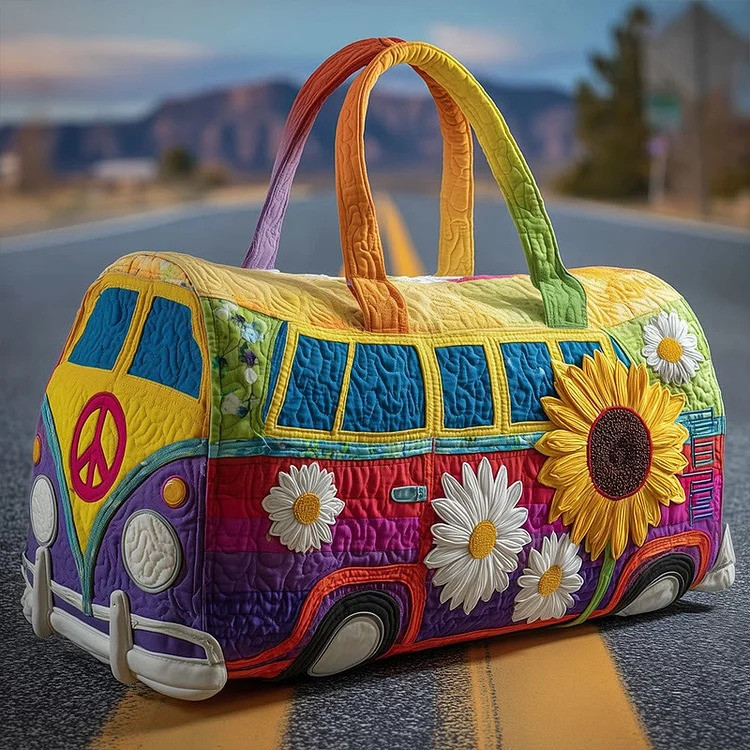Retro Rainbow Hippie Sunflower Quilted Duffle Bag Daisy Floral Bus Bag Gift For Women - Tradiviet