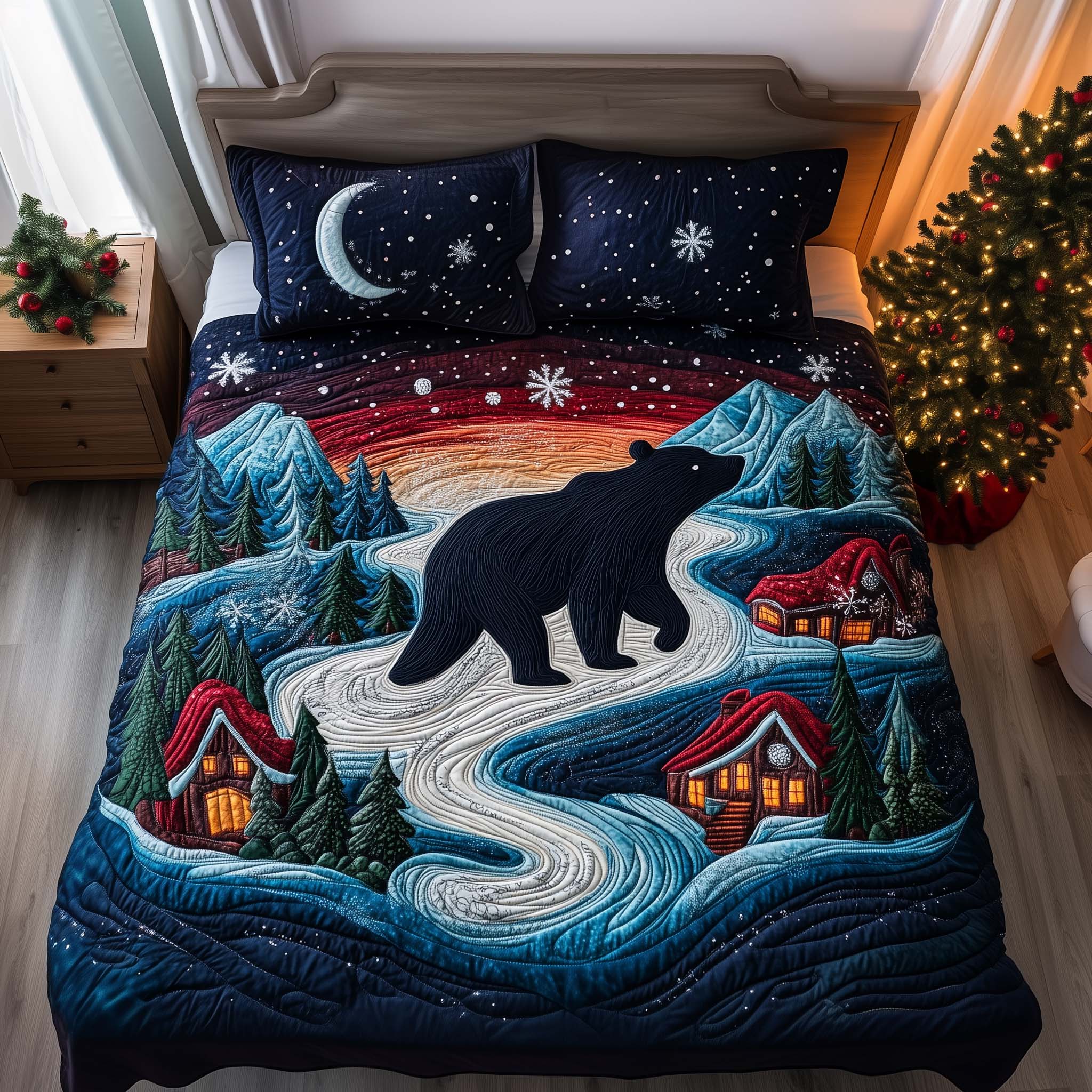 River Bear Quilted Bedding Set Holiday Home Decor Bear Gifts For Grandma - Tradiviet