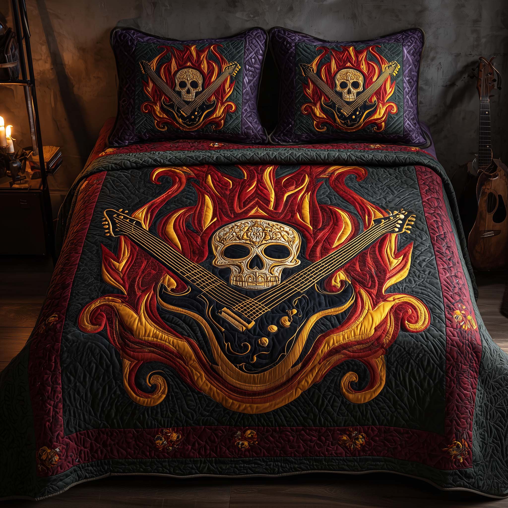 Rock Metal Skull Quilted Bedding Set Holiday Bedroom Decor Themed Skull Gifts For Him Her - Tradiviet