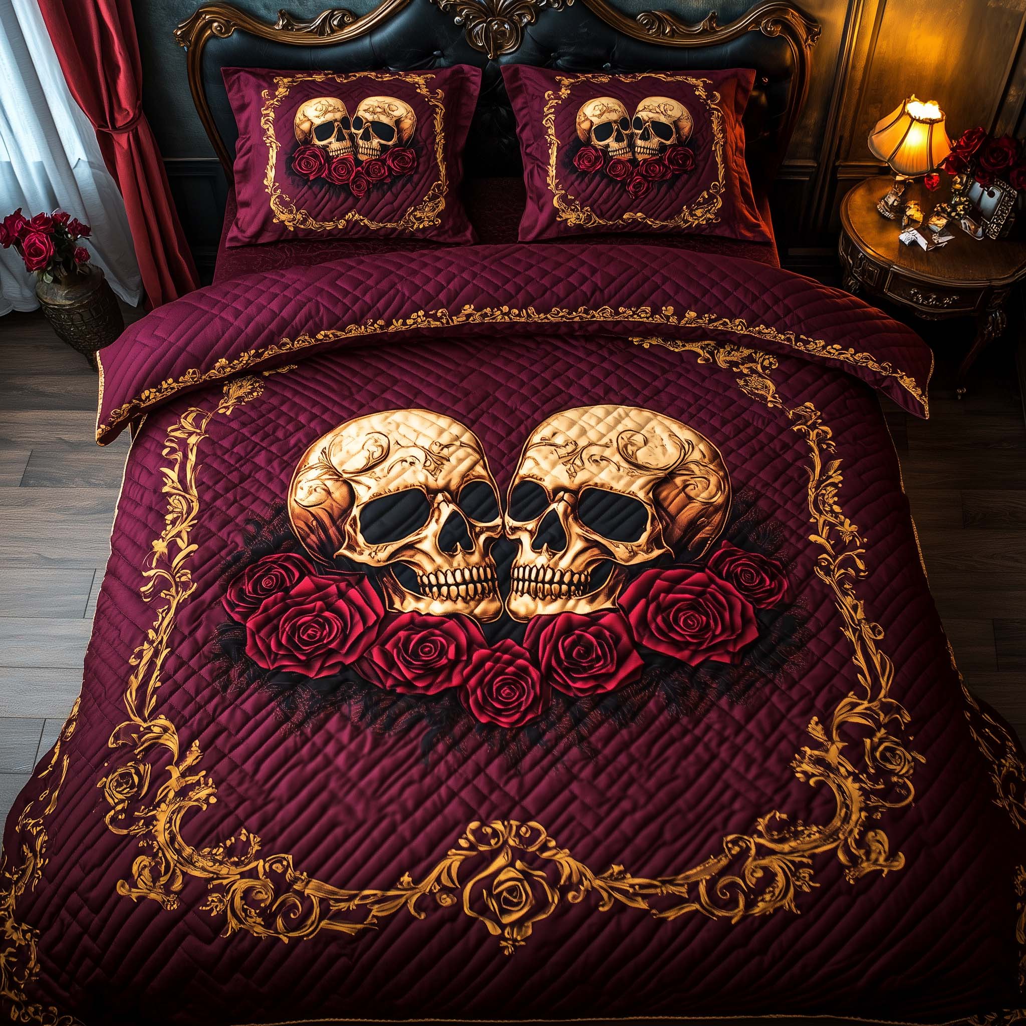 Romantic Gothic Skulls Quilted Bedding Set Autumn Inspired Bedroom Skull Presents For Her - Tradiviet
