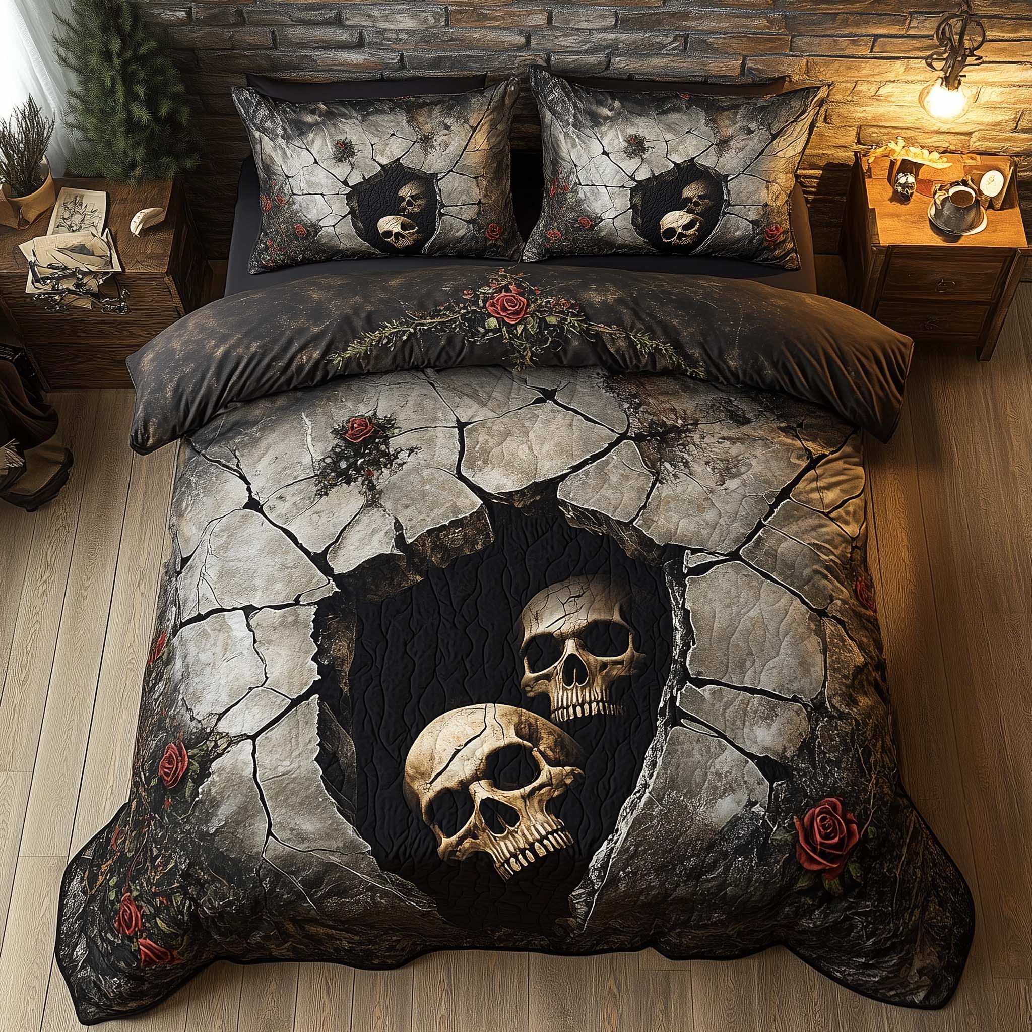 Romantic Gothic Skulls Quilted Bedding Set Holiday Bedroom Decor Cool Skull Gifts For Her - Tradiviet