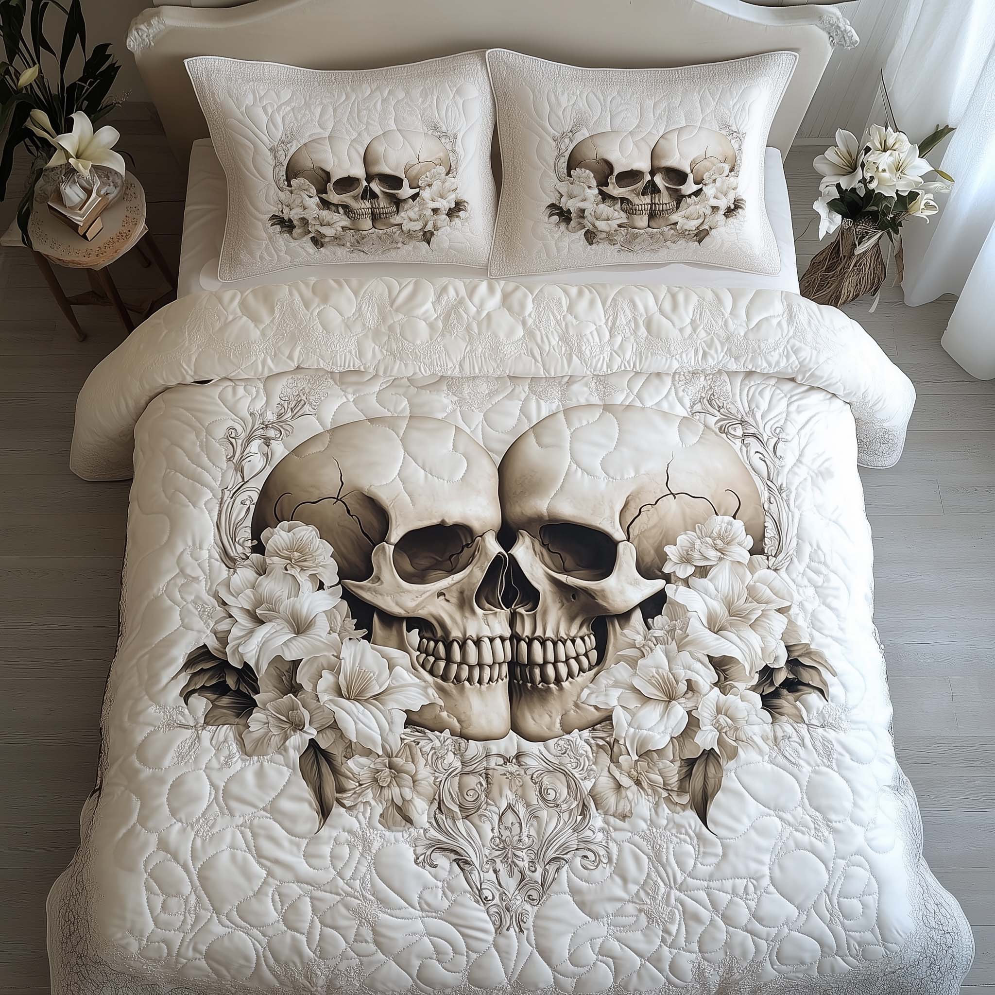 Romantic Gothic Skulls Quilted Bedding Set Holiday Bedroom Decor Skull Items For Gifts - Tradiviet