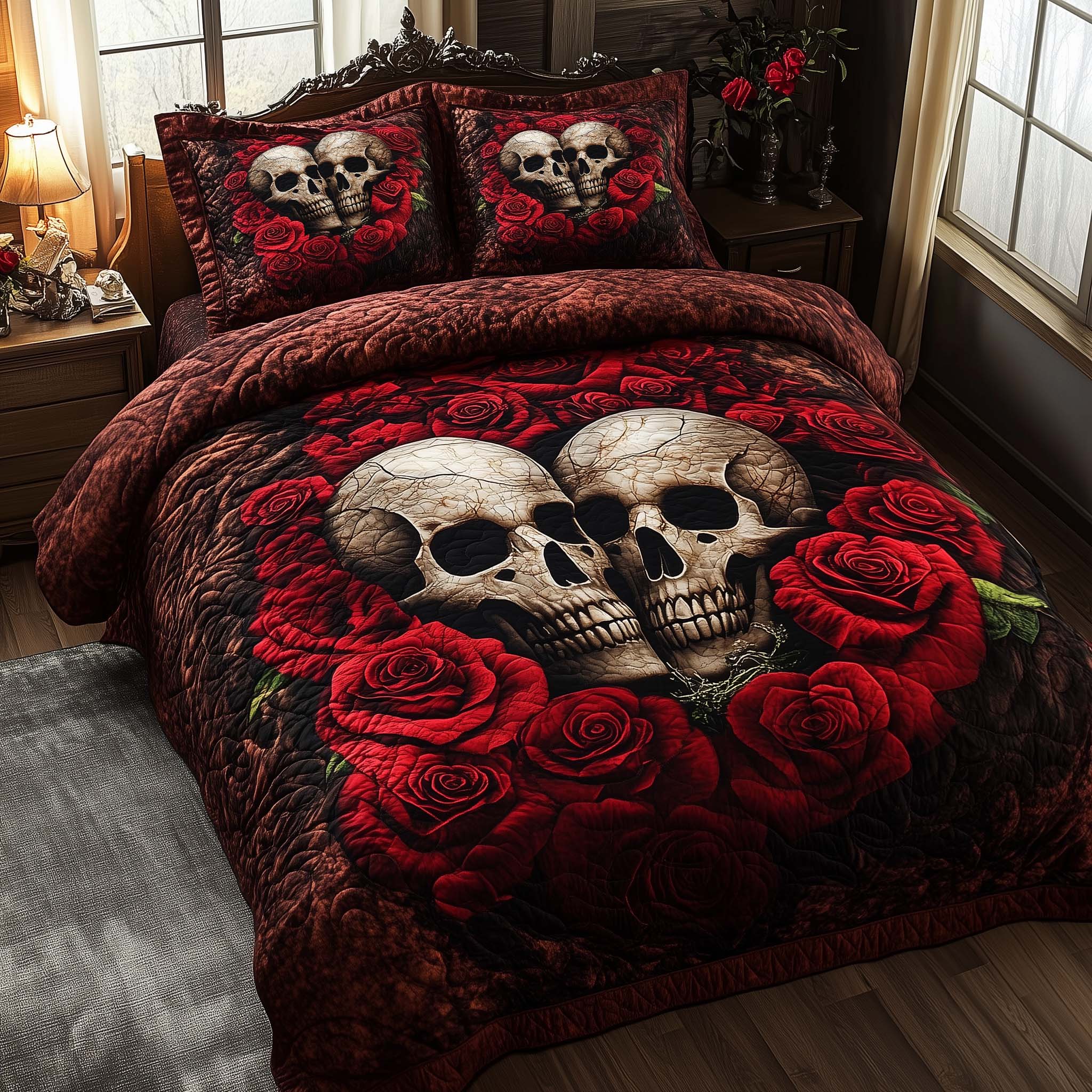 Romantic Gothic Skulls Quilted Bedding Set Holiday Decorations Skull Christmas Gifts - Tradiviet