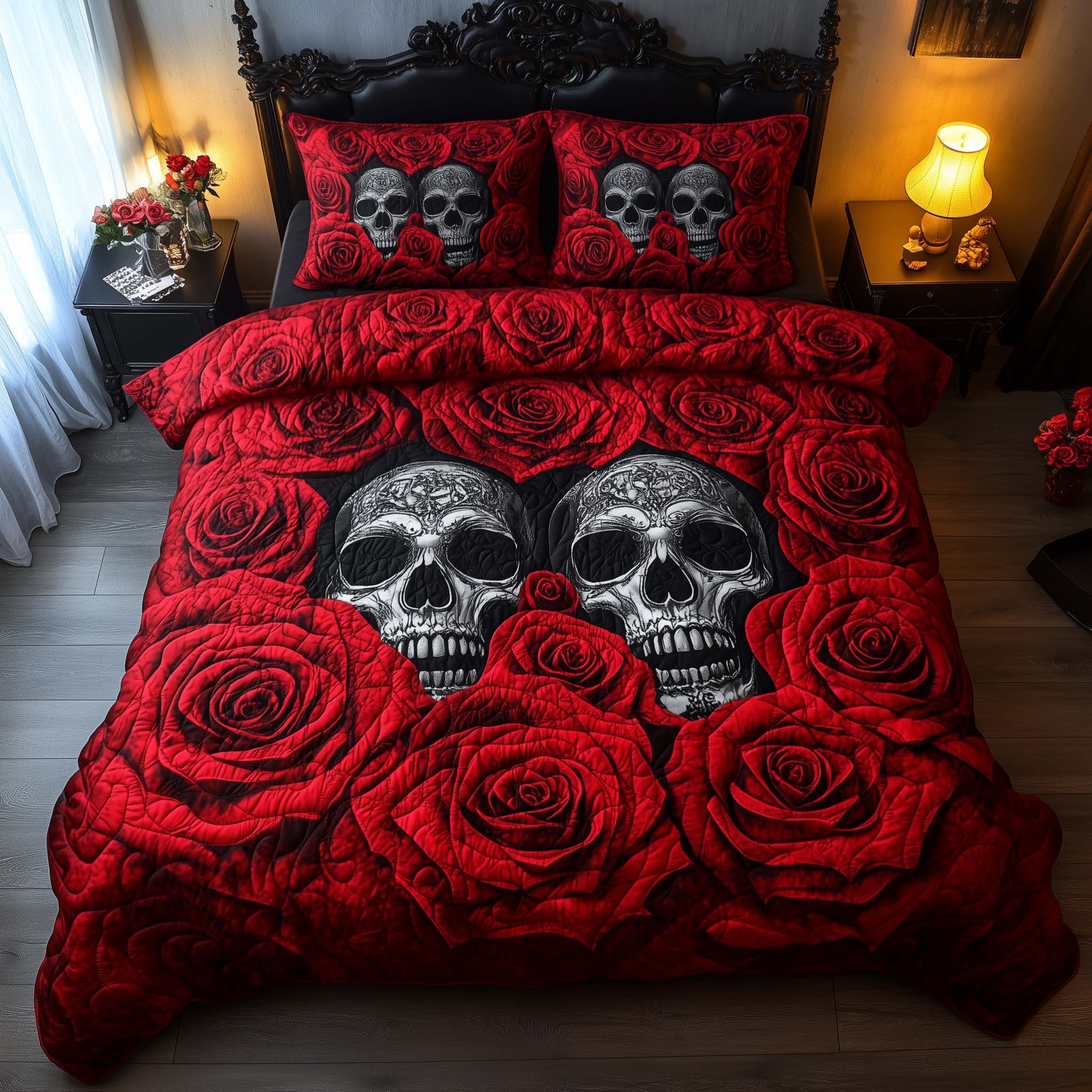Romantic Gothic Skulls Quilted Bedding Set Holiday Home Decor Gifts For People Who Like Skulls - Tradiviet