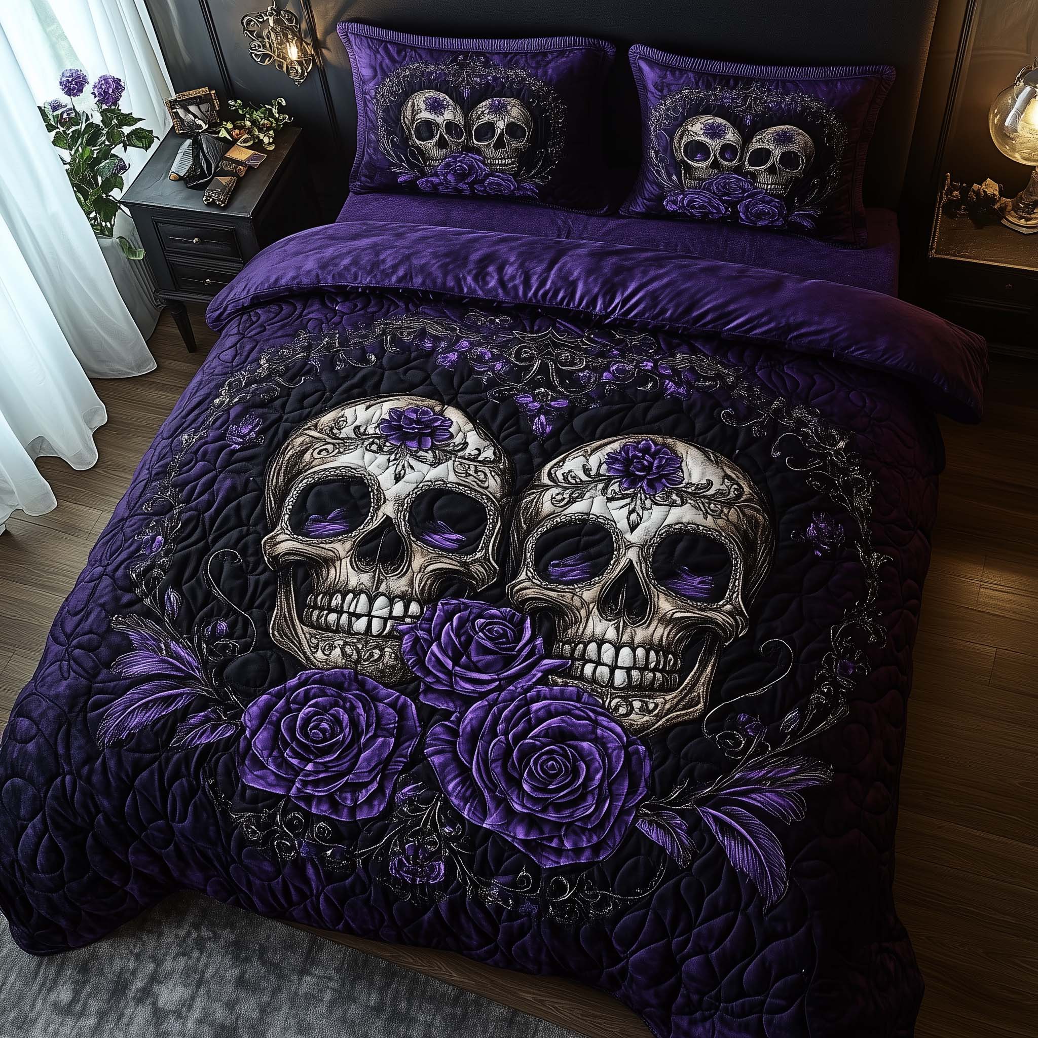 Romantic Gothic Skulls Quilted Bedding Set Holiday Home Decor Ideas Skull Gifts For Dad - Tradiviet