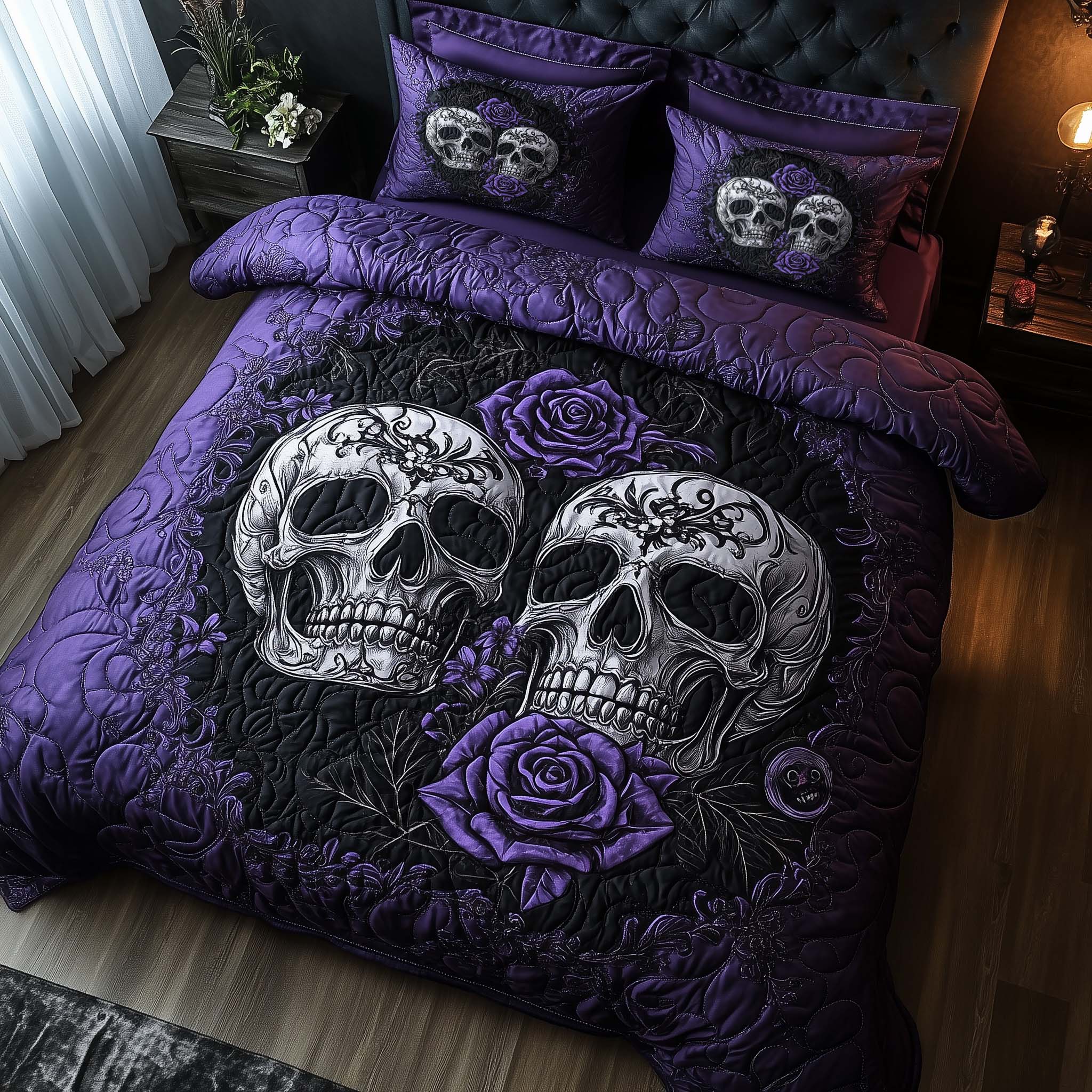 Romantic Gothic Skulls Quilted Bedding Set Holiday Home Decor Ideas Skull Stuff For Guys - Tradiviet