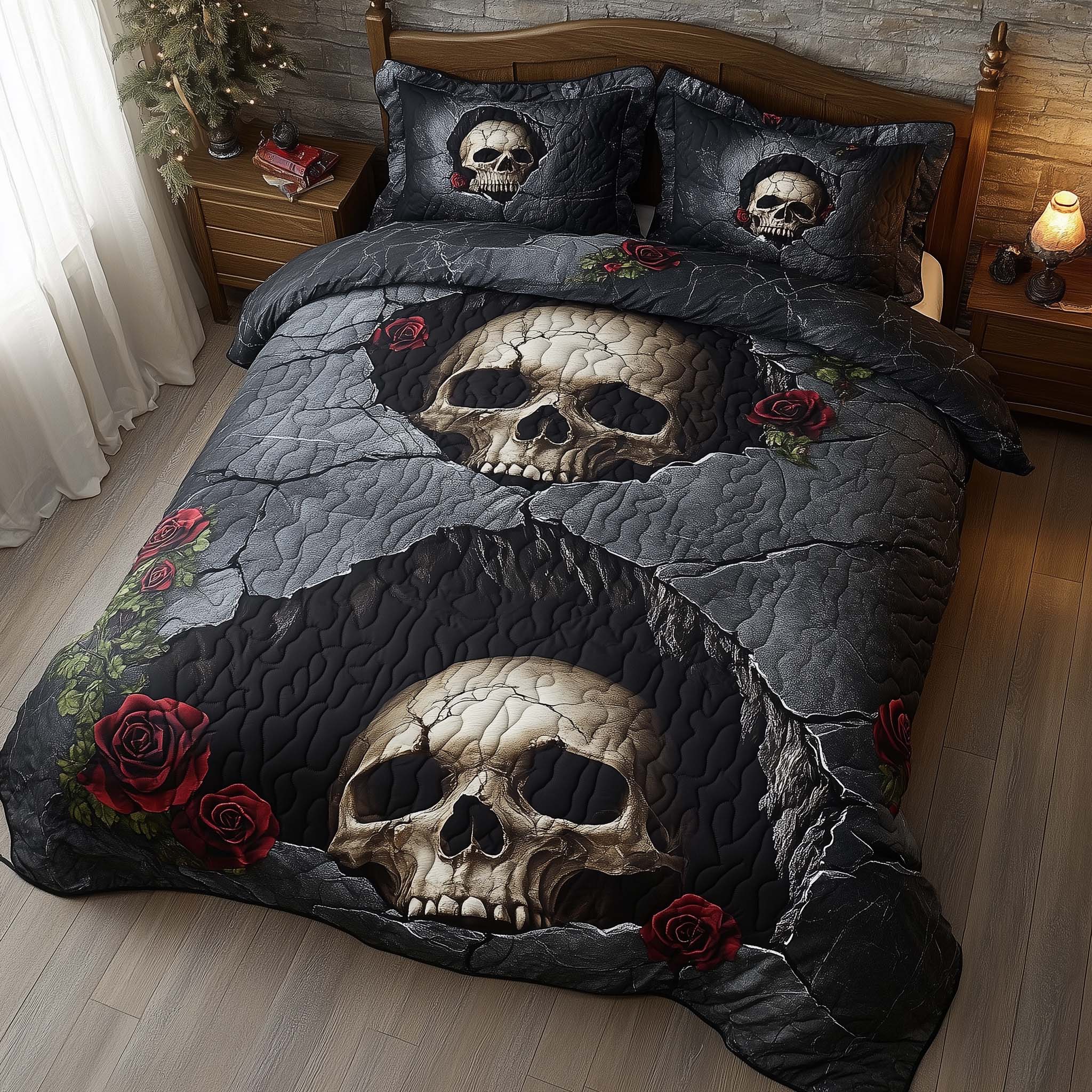 Romantic Gothic Skulls Quilted Bedding Set Room Decoration Items Skull Themed Gifts - Tradiviet