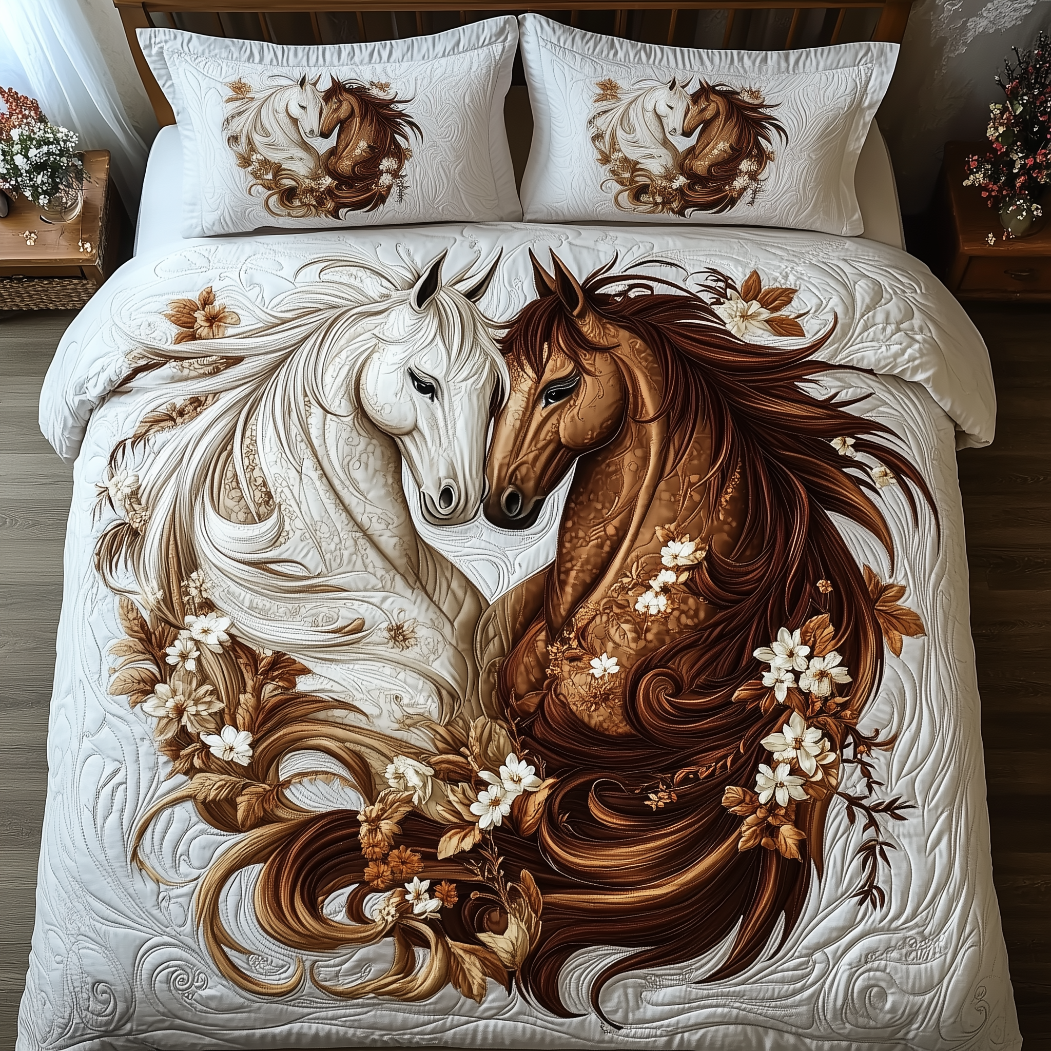 Romantic Hourse Couple Quilted Bedding Set Holiday Decorations Gift For Special Occasions - Tradiviet