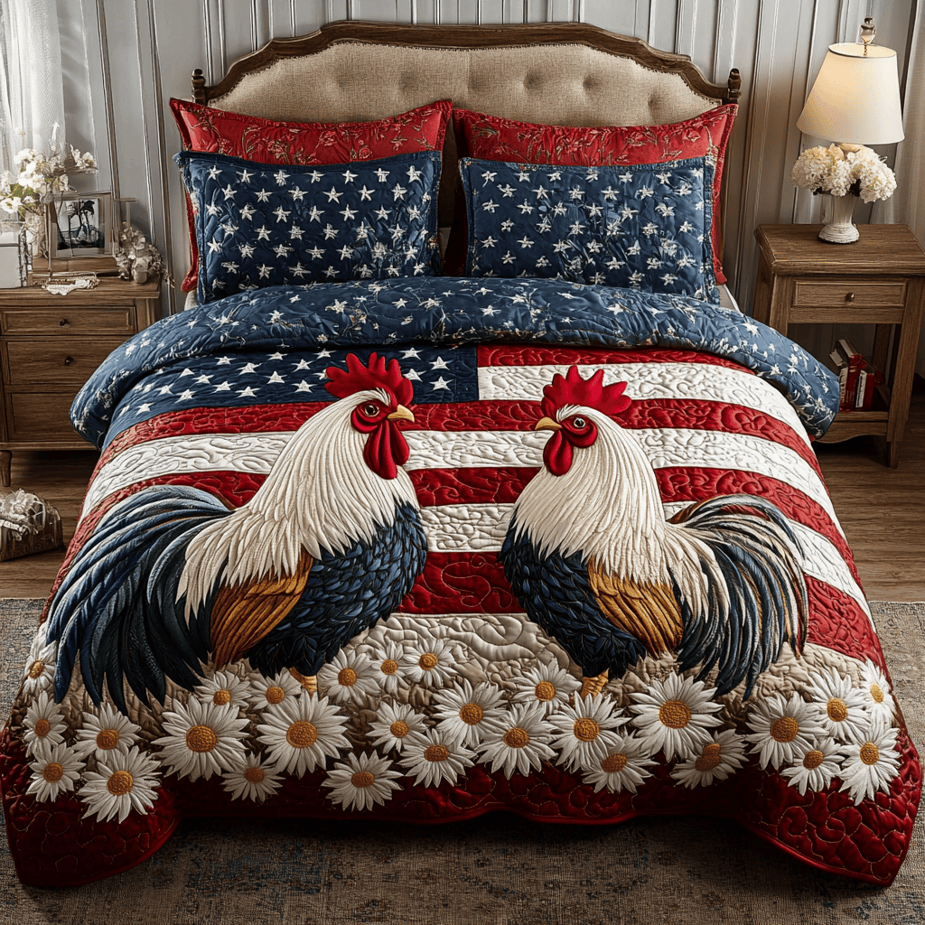 Rooster Pride  Quilted Bedding Set  Best Luxury Sheets Fourth Of July Gifts