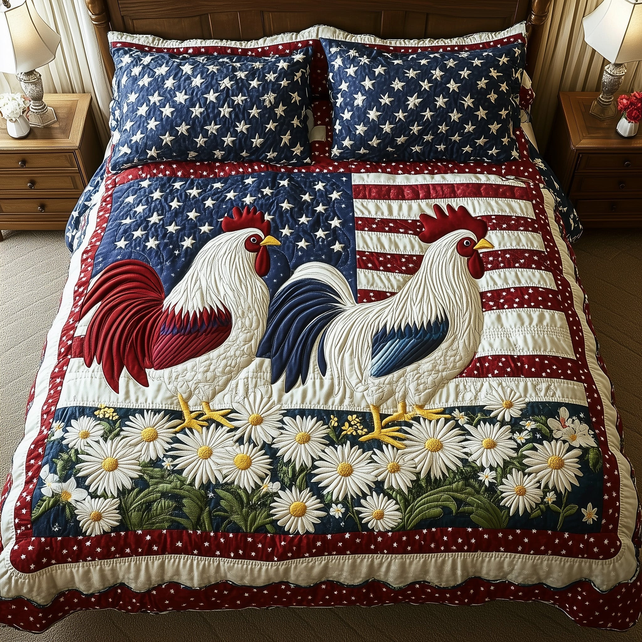 Roosters of the Republic  Quilted Bedding Set Full Size Bed Set Good Gifts For Mom Birthday