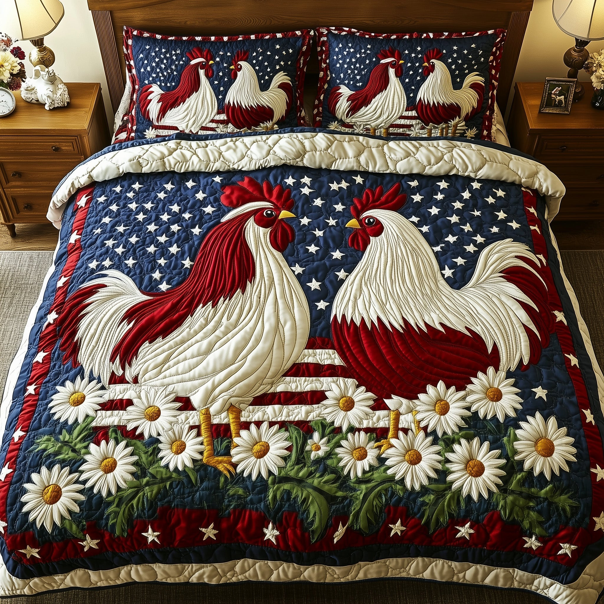 Roosters of the Republic  Quilted Bedding Set Patritotic Duvet Covers Meaningful Gifts For Mom